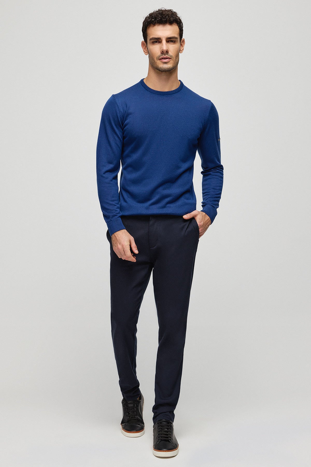 Lacivert İpek Kaşmir Utku Yuvarlak Yaka Uzun Kollu Erkek Triko