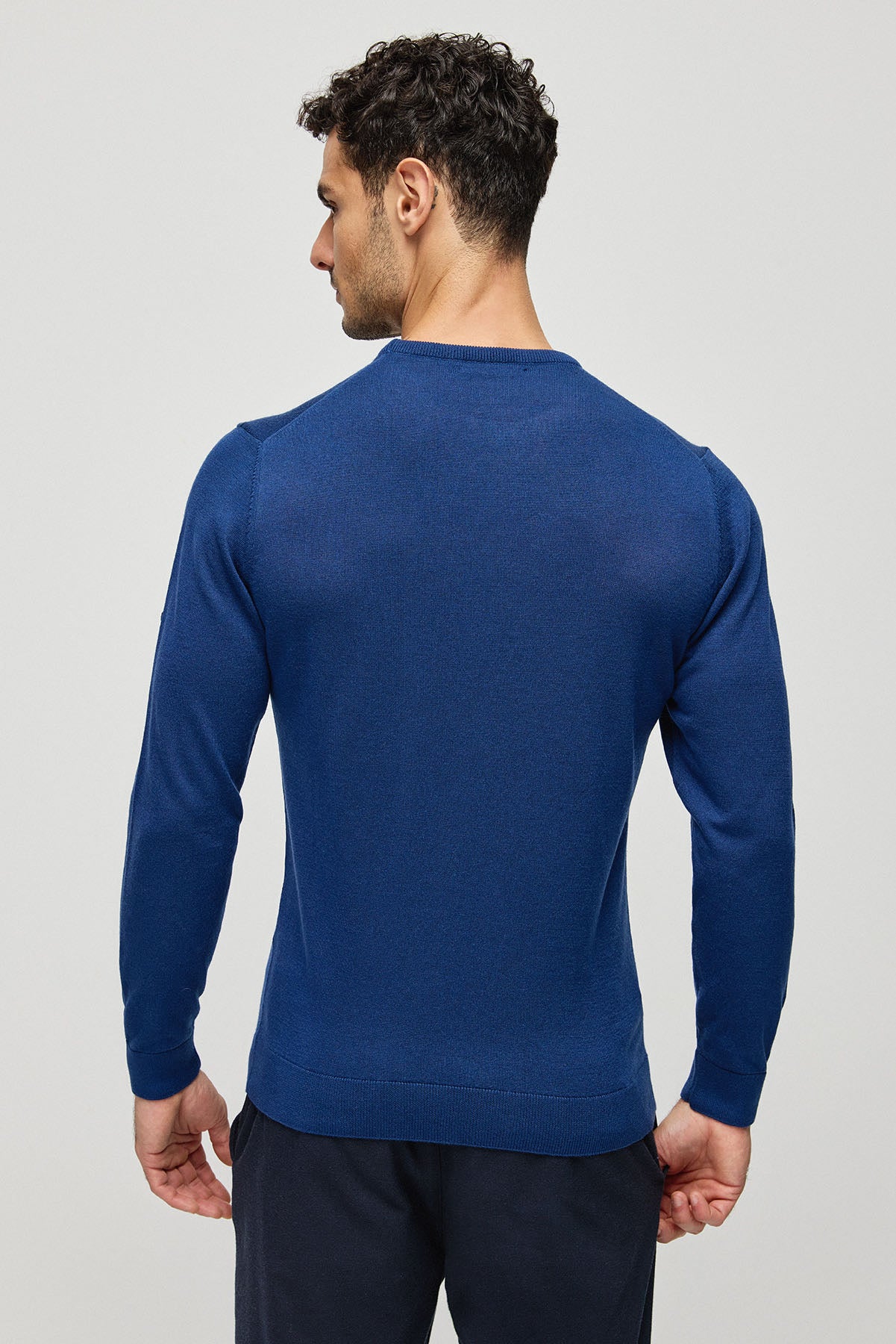 Lacivert İpek Kaşmir Utku Yuvarlak Yaka Uzun Kollu Erkek Triko