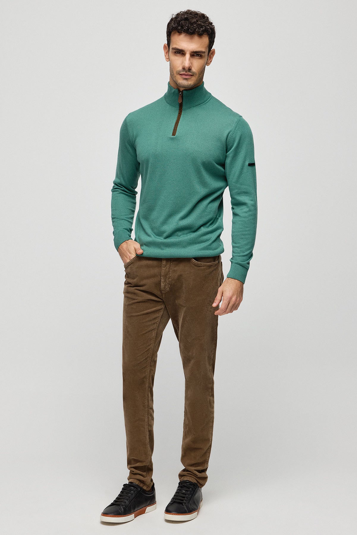 Yeşil İpek Kaşmir Utku Yarım Balıkçı Yaka Uzun Kollu Erkek Triko