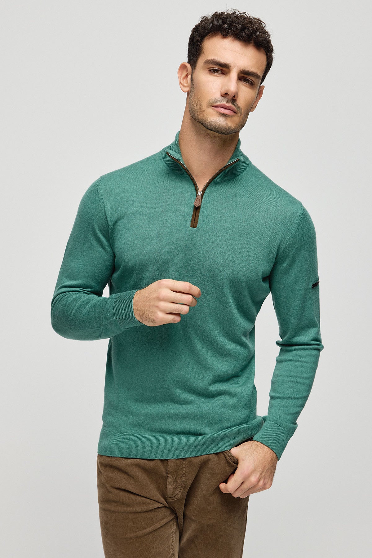 Yeşil İpek Kaşmir Utku Yarım Balıkçı Yaka Uzun Kollu Erkek Triko