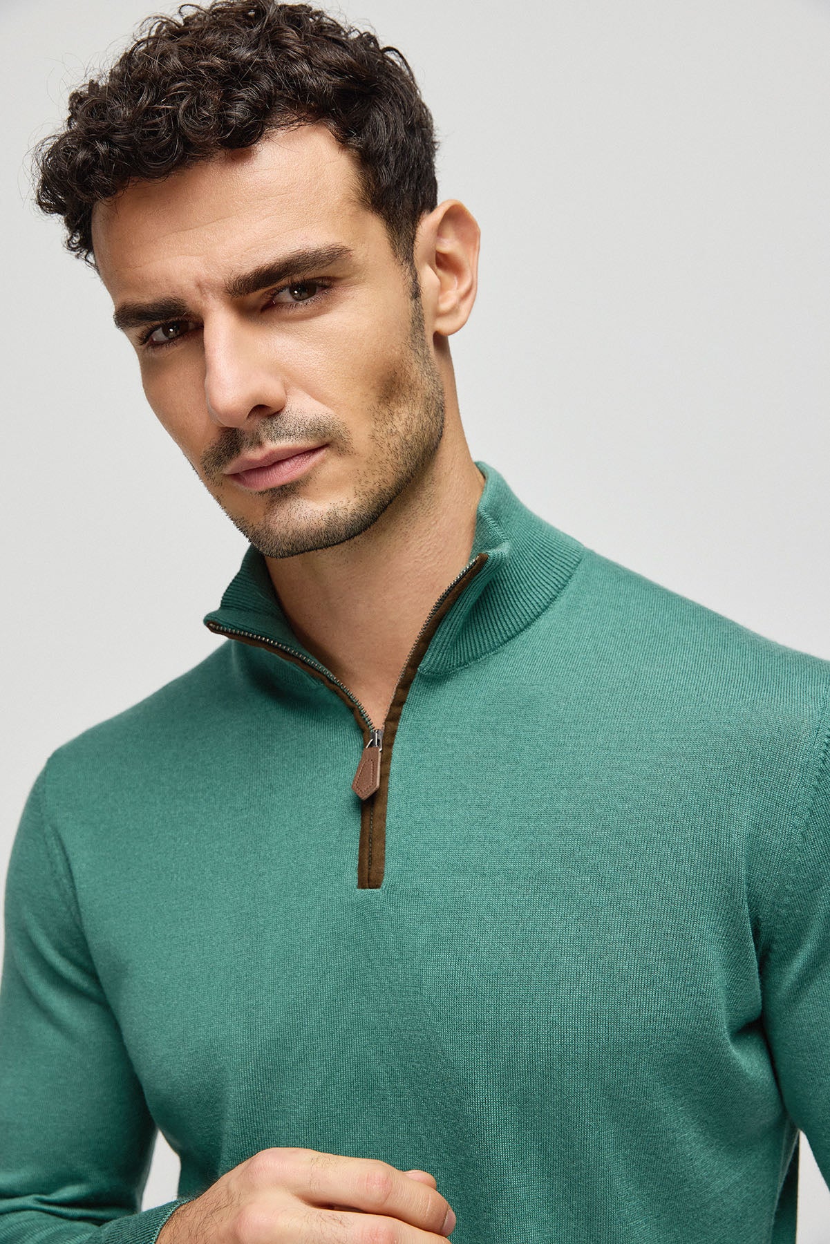 Yeşil İpek Kaşmir Utku Yarım Balıkçı Yaka Uzun Kollu Erkek Triko