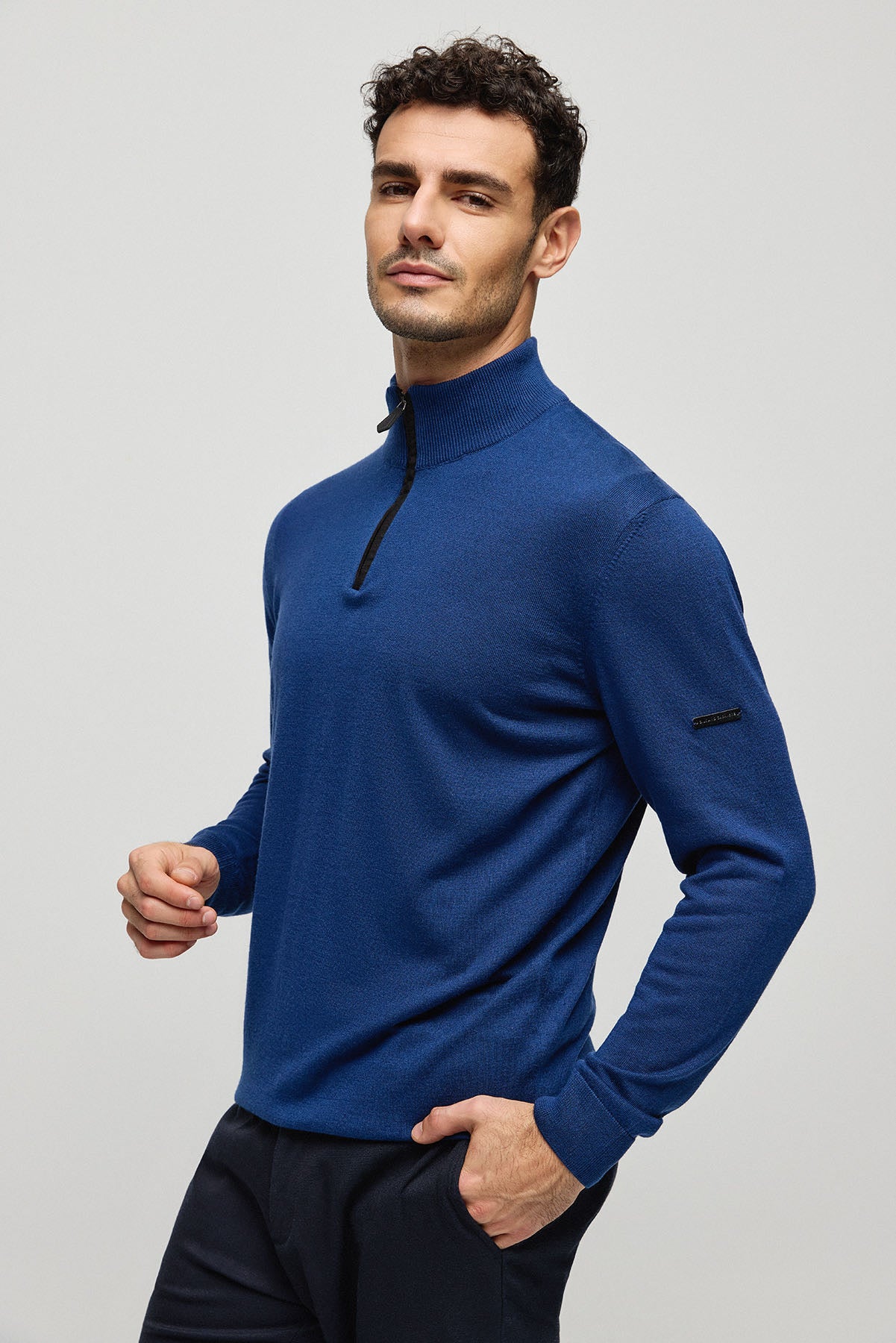 Lacivert İpek Kaşmir Utku Yarım Balıkçı Yaka Uzun Kollu Erkek Triko