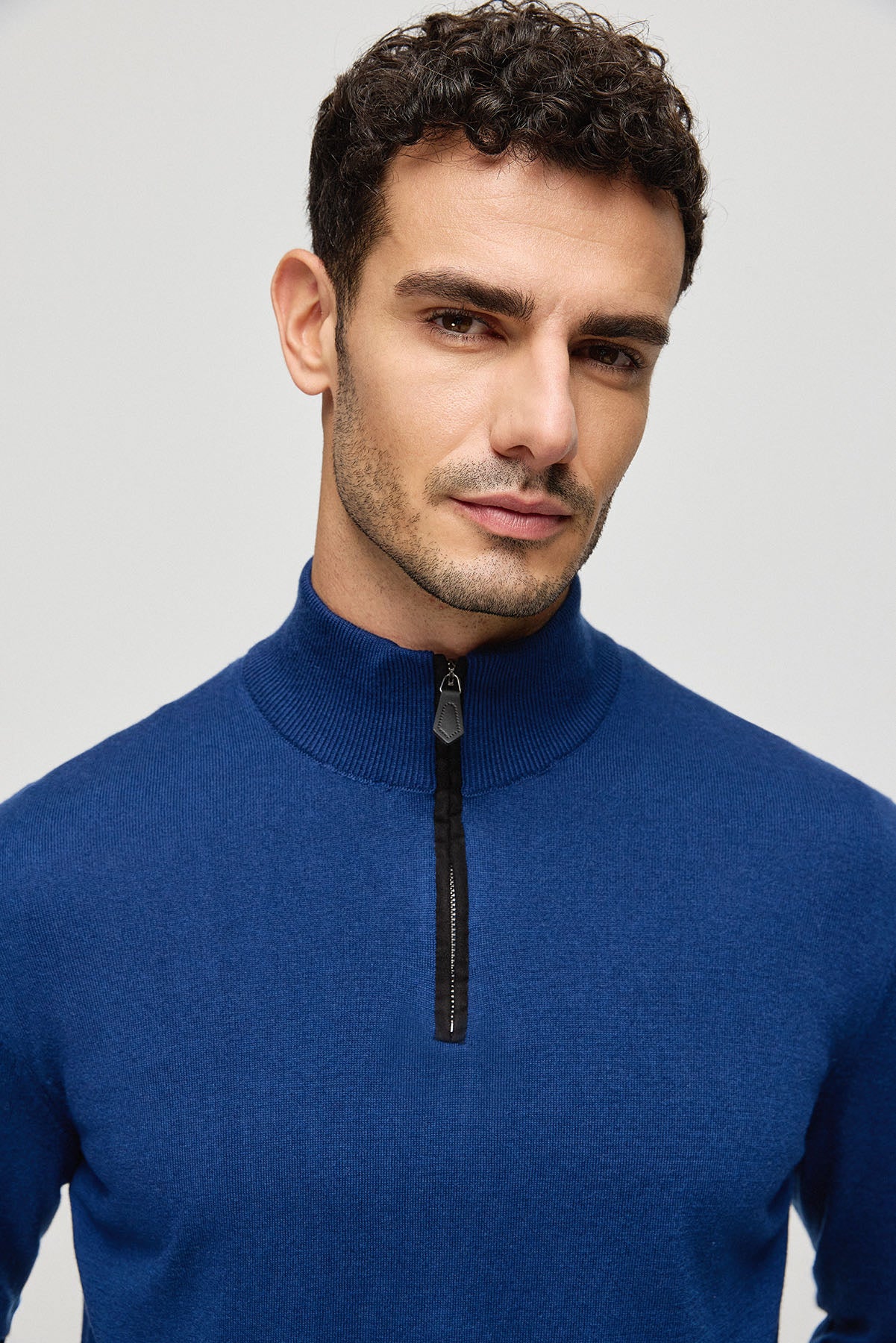 Lacivert İpek Kaşmir Utku Yarım Balıkçı Yaka Uzun Kollu Erkek Triko