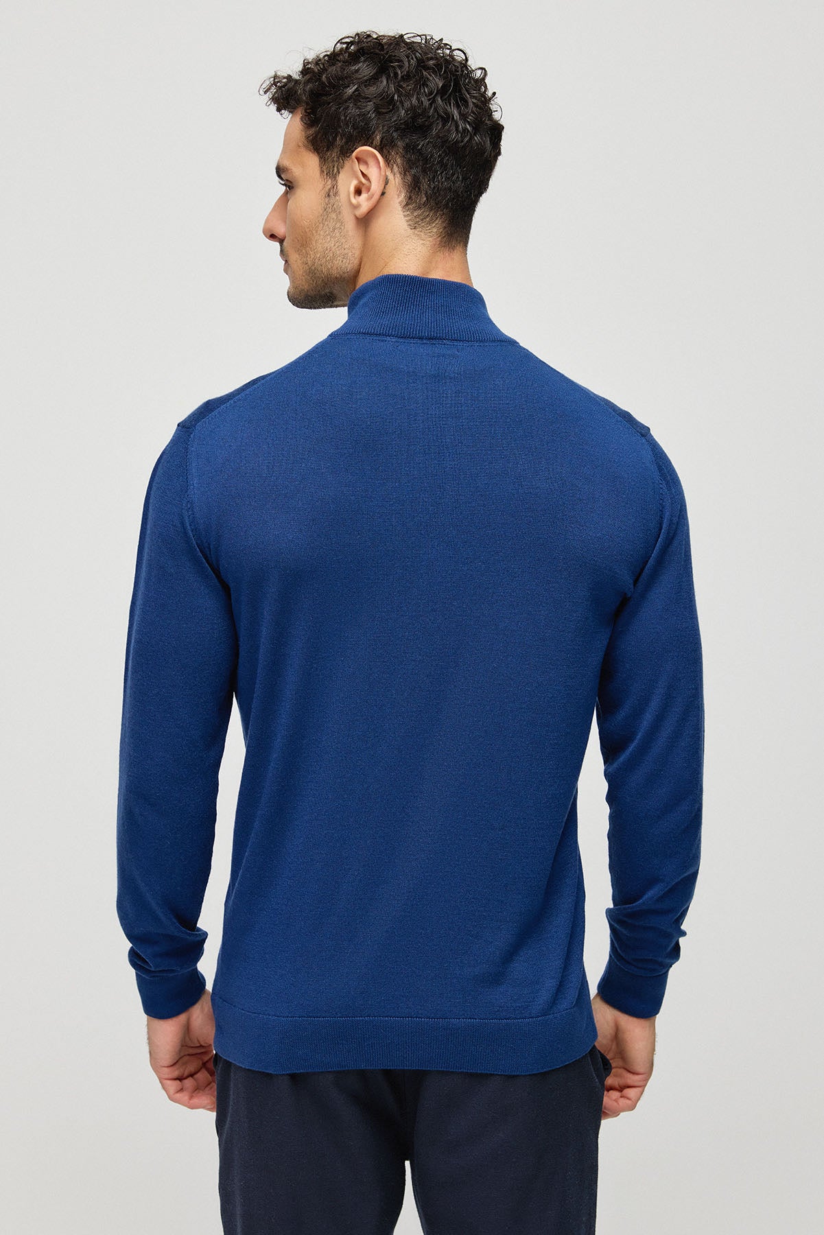 Lacivert İpek Kaşmir Utku Yarım Balıkçı Yaka Uzun Kollu Erkek Triko
