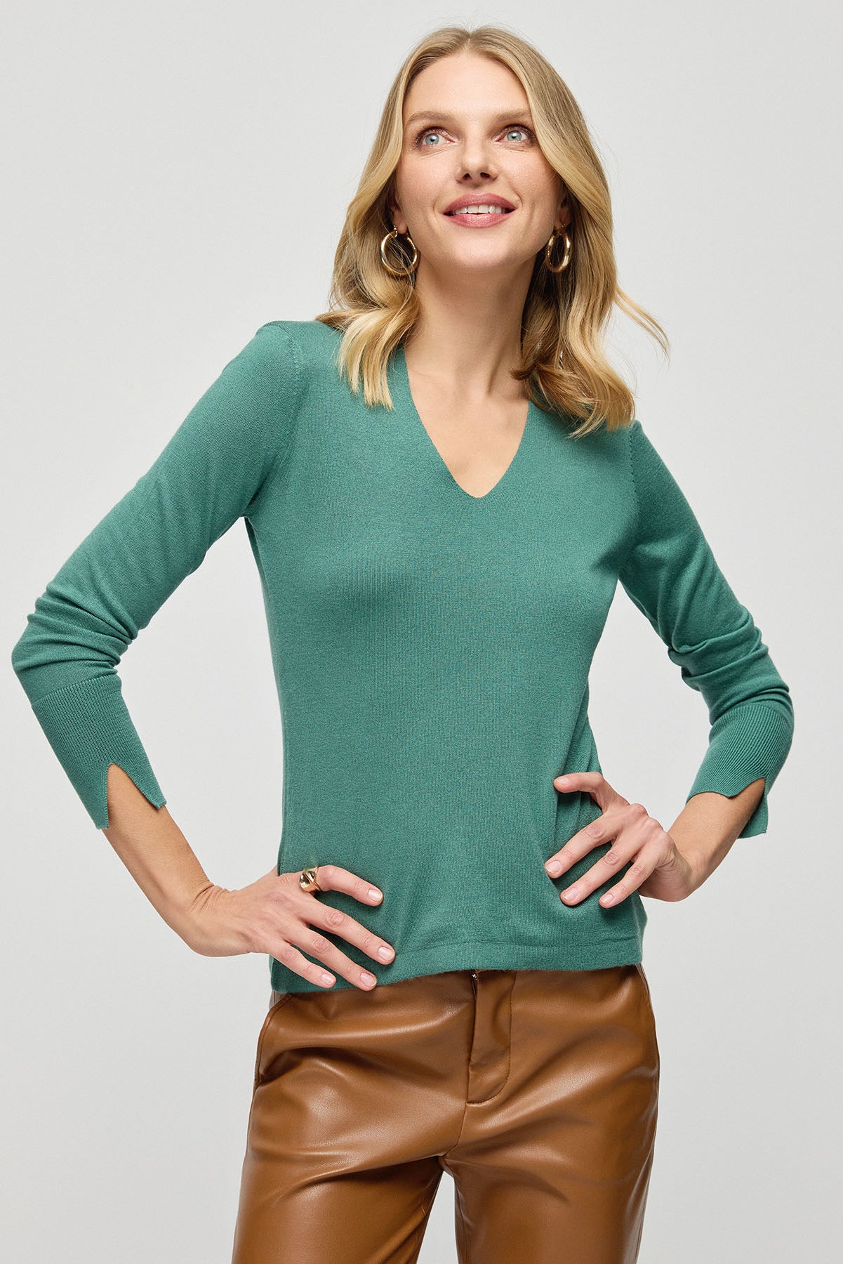 Yeşil İpek Kaşmir Aleyna Derin V Yaka Uzun Kollu Kadın Triko