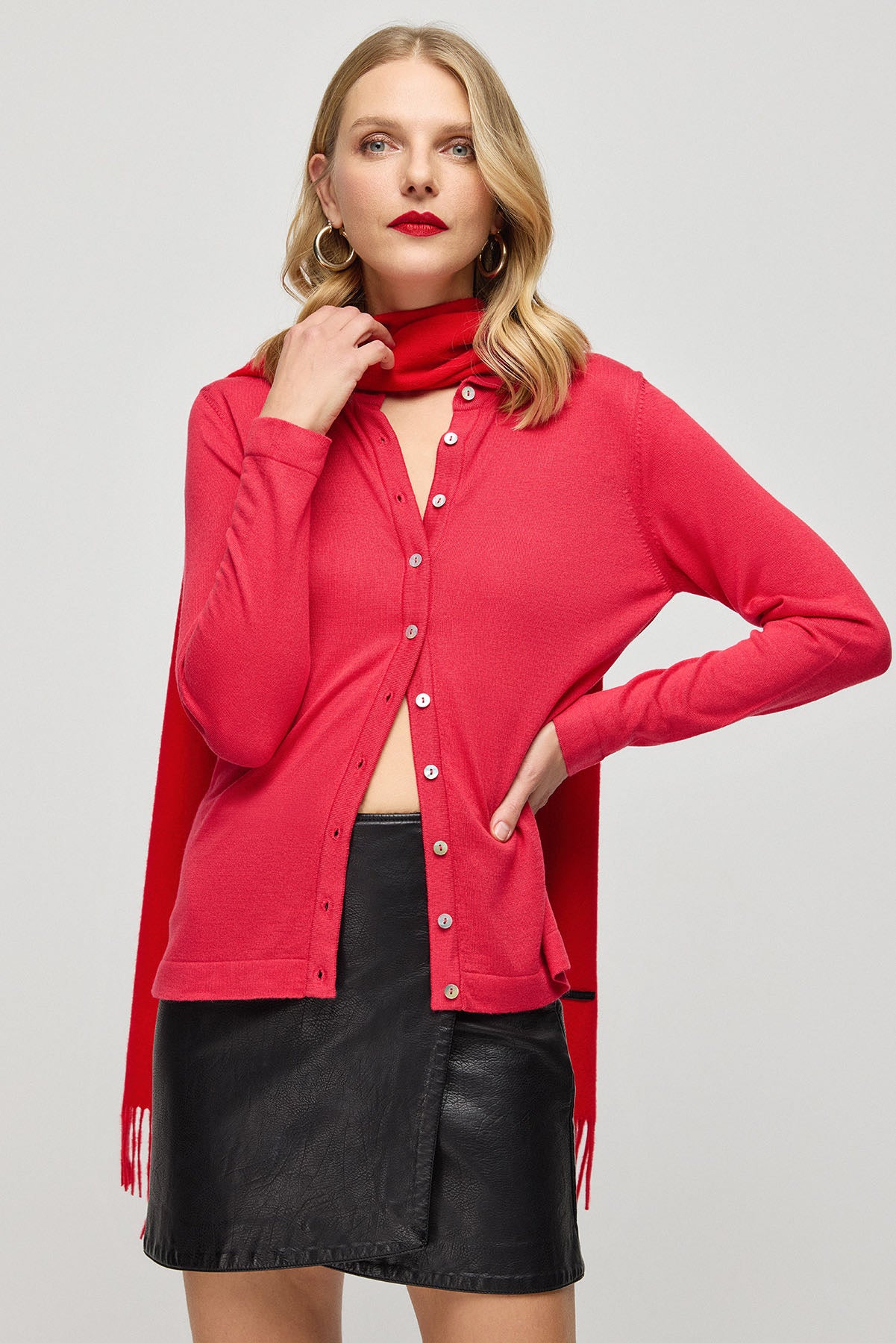 Kırmızı İpek Kaşmir Aleyna Polo Yaka Uzun Kollu Kadın Gömlek