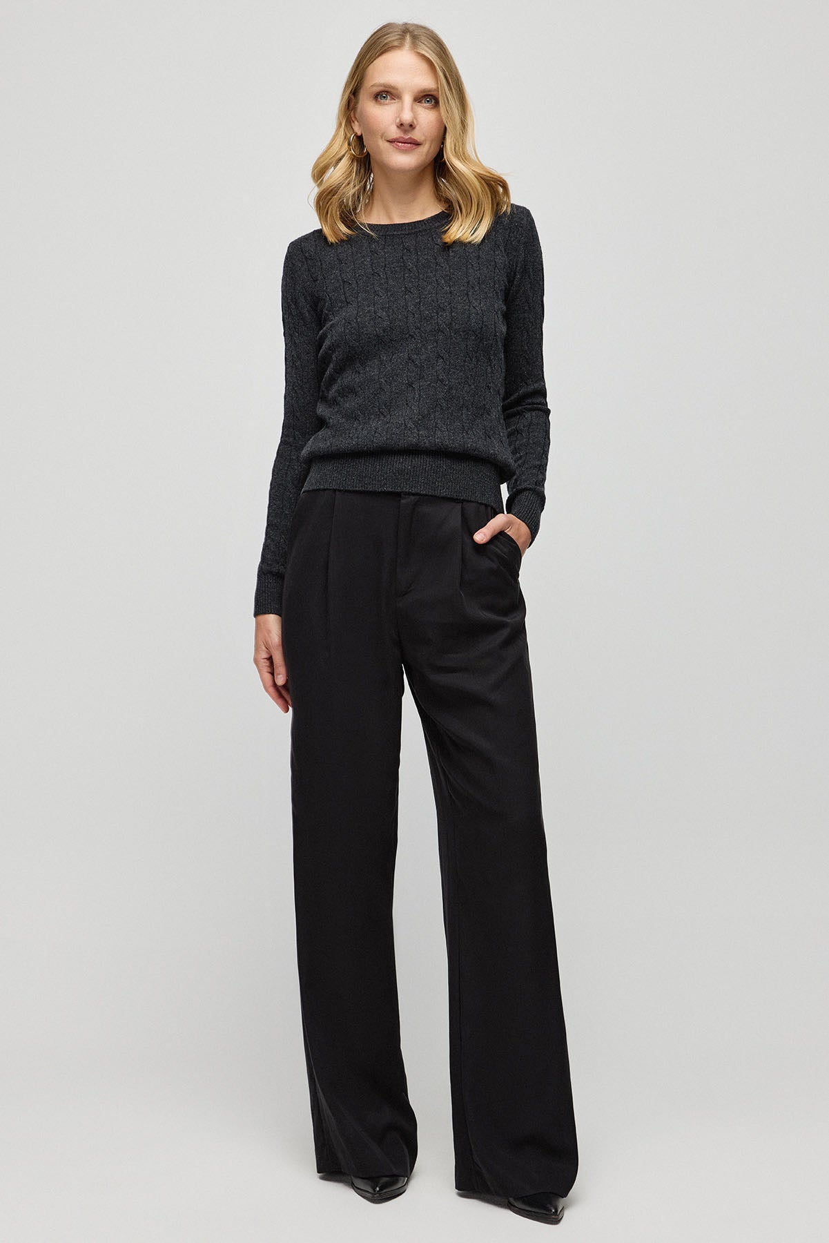 Antrasit Avusturalya Yünü ve Kaşmir Amelia Saç Örgülü Bisiklet Yaka Kadın Kazak