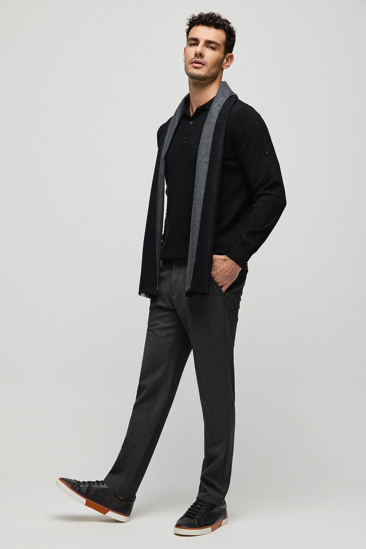 Siyah Saf Kaşmir Erkek Polo Kazak