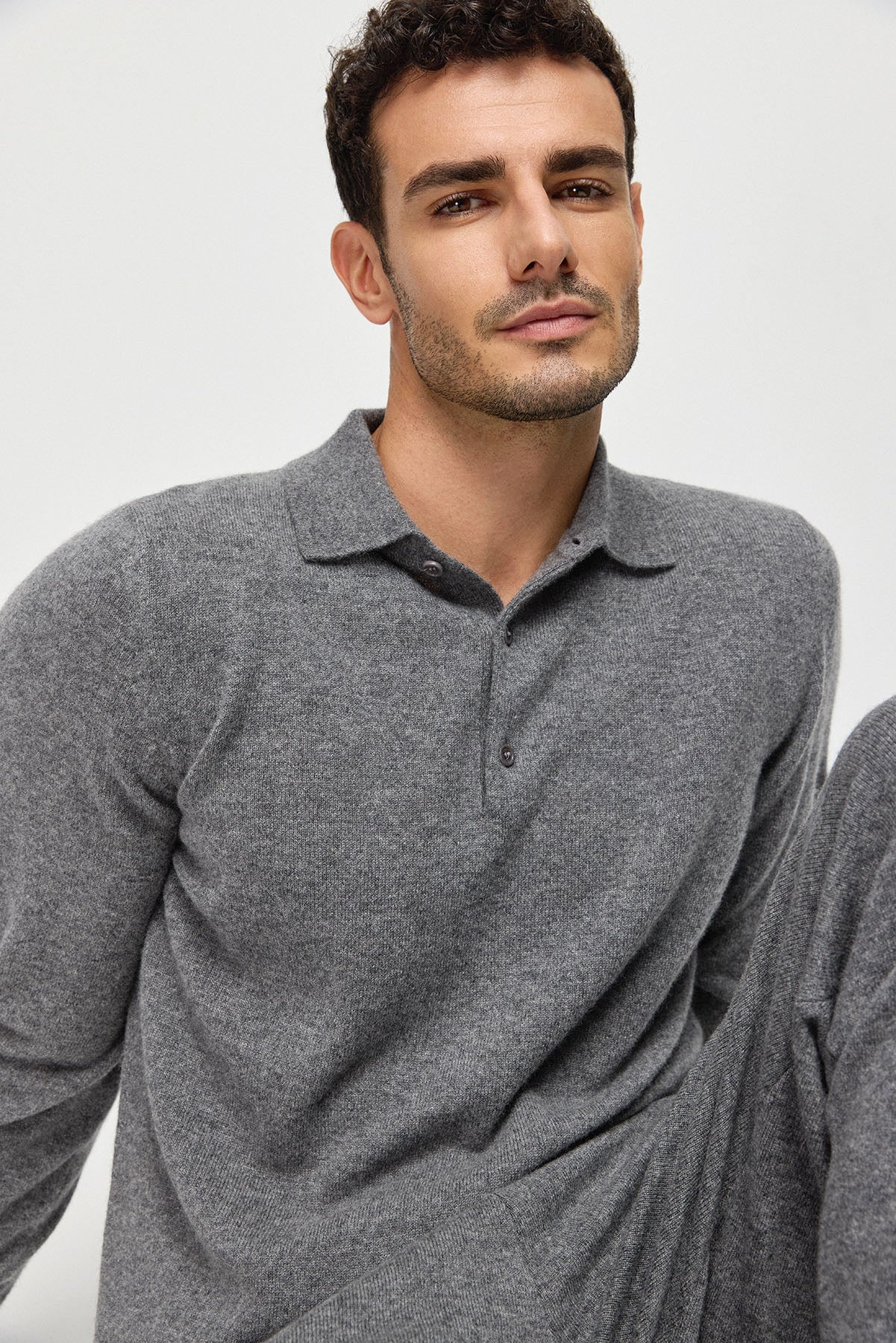 Orta Gri Melanj Saf Kaşmir Erkek Polo Kazak