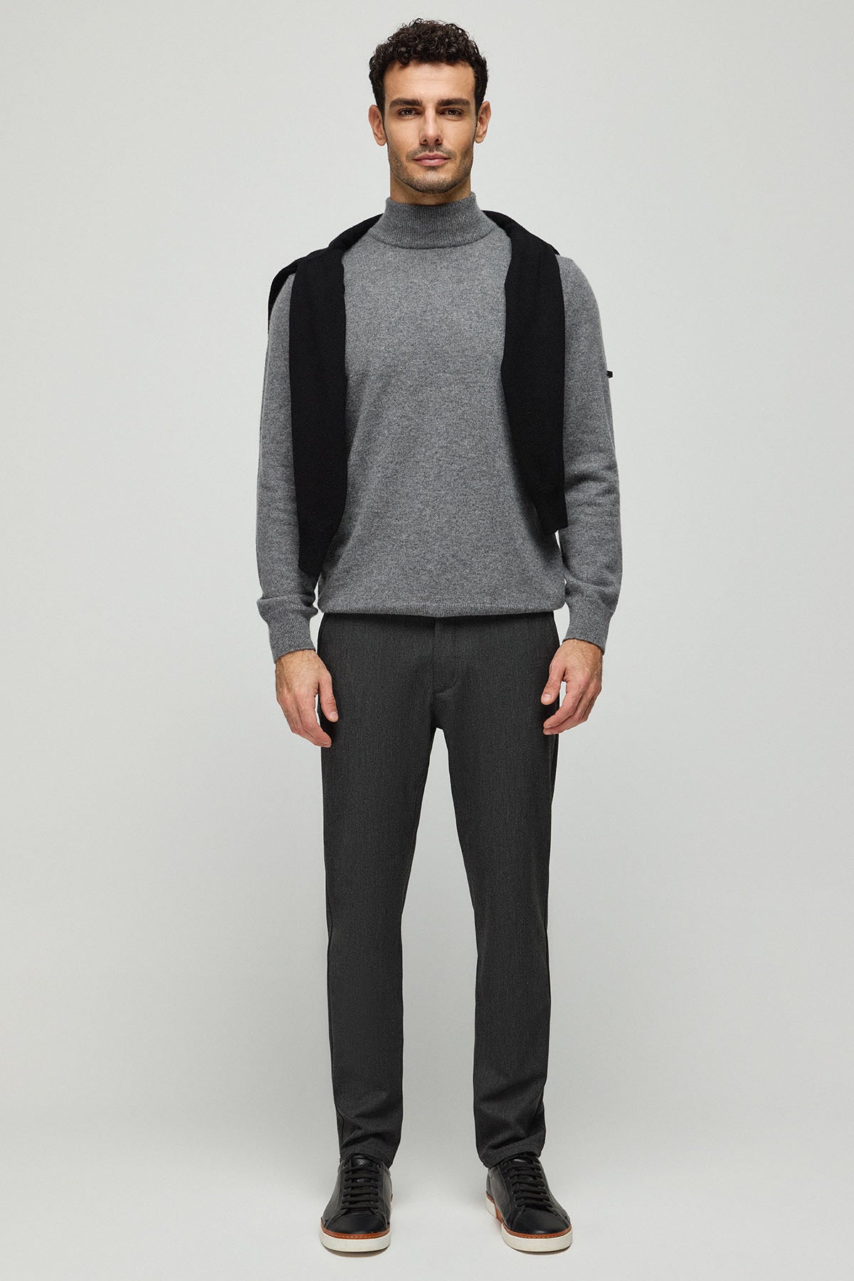 Orta Gri Melanj Saf Kaşmir Yarım Balıkçı Yaka Erkek  Kazak