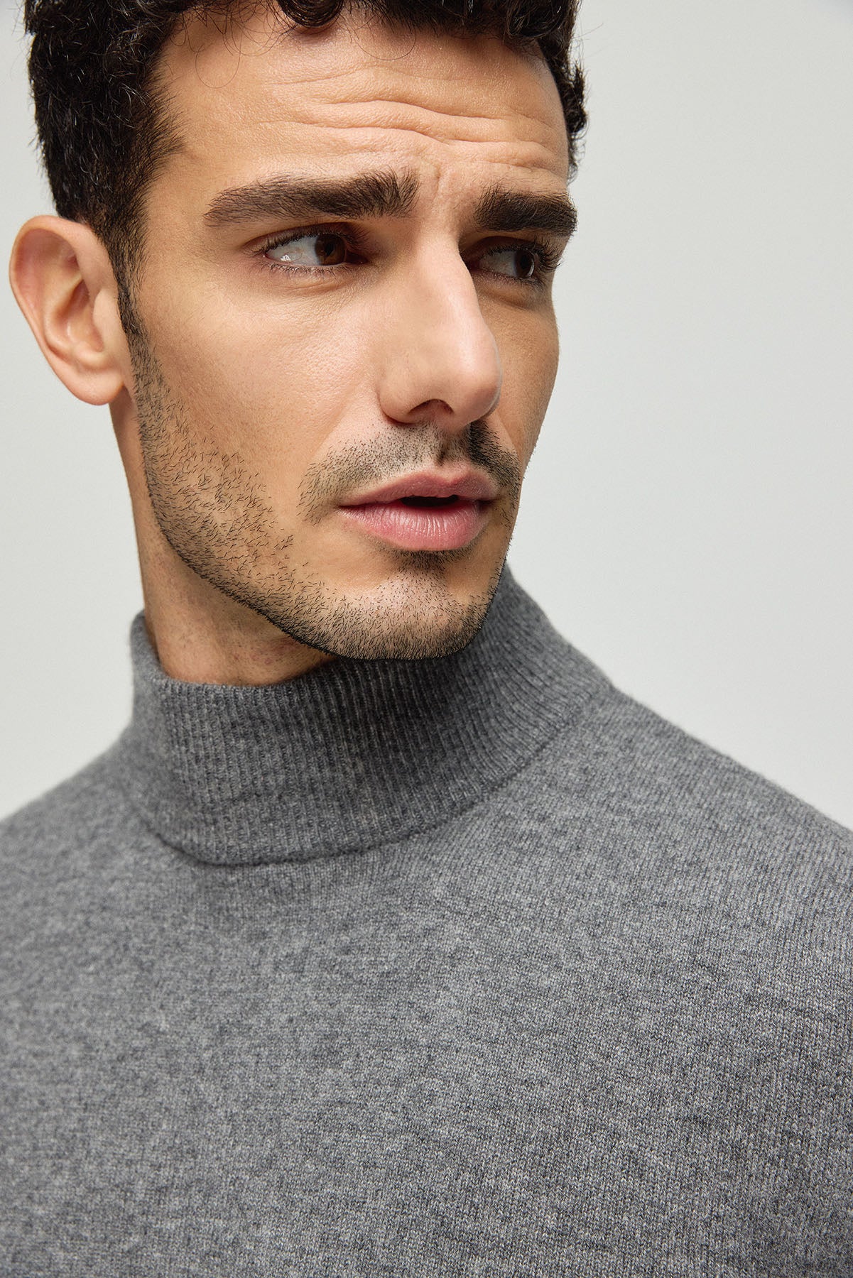 Orta Gri Melanj Saf Kaşmir Yarım Balıkçı Yaka Erkek  Kazak