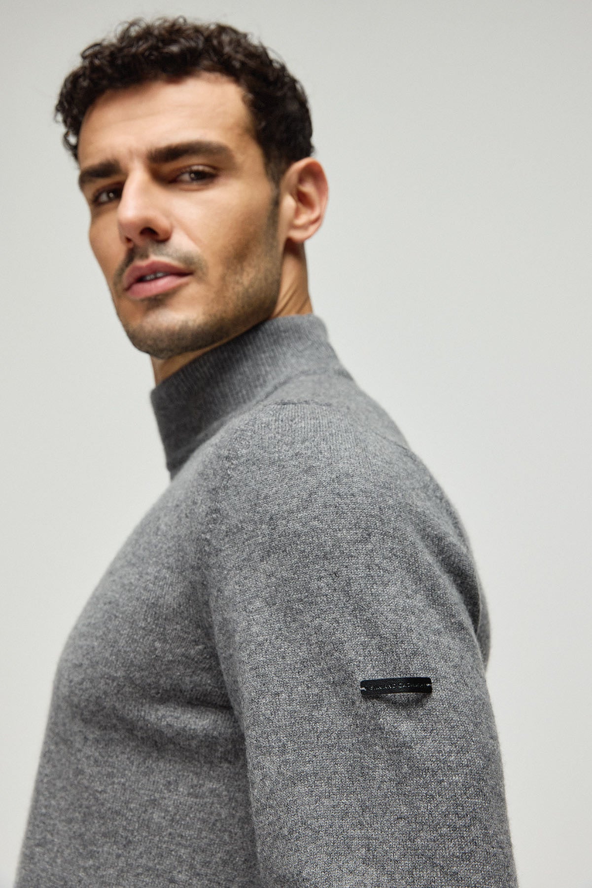Orta Gri Melanj Saf Kaşmir Yarım Balıkçı Yaka Erkek  Kazak