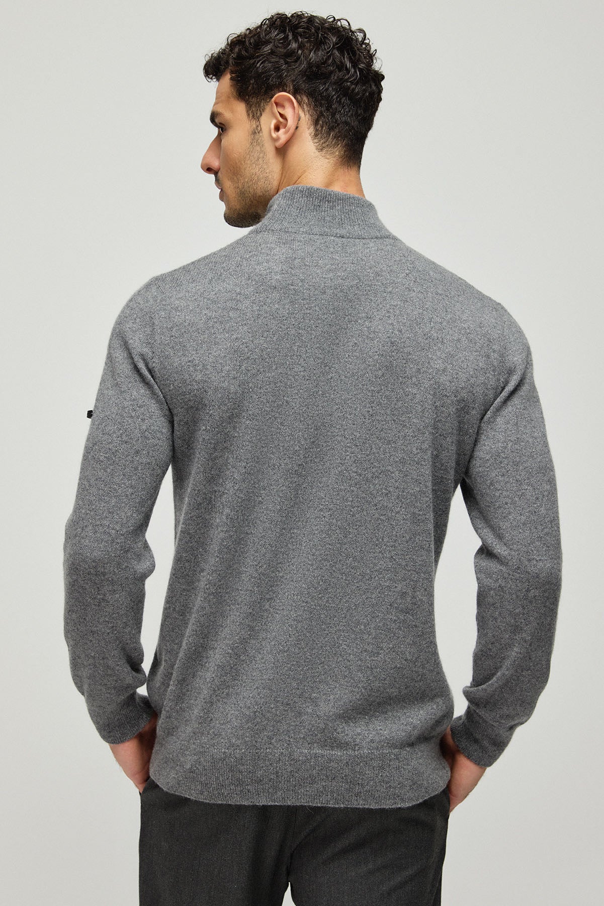 Orta Gri Melanj Saf Kaşmir Yarım Balıkçı Yaka Erkek  Kazak