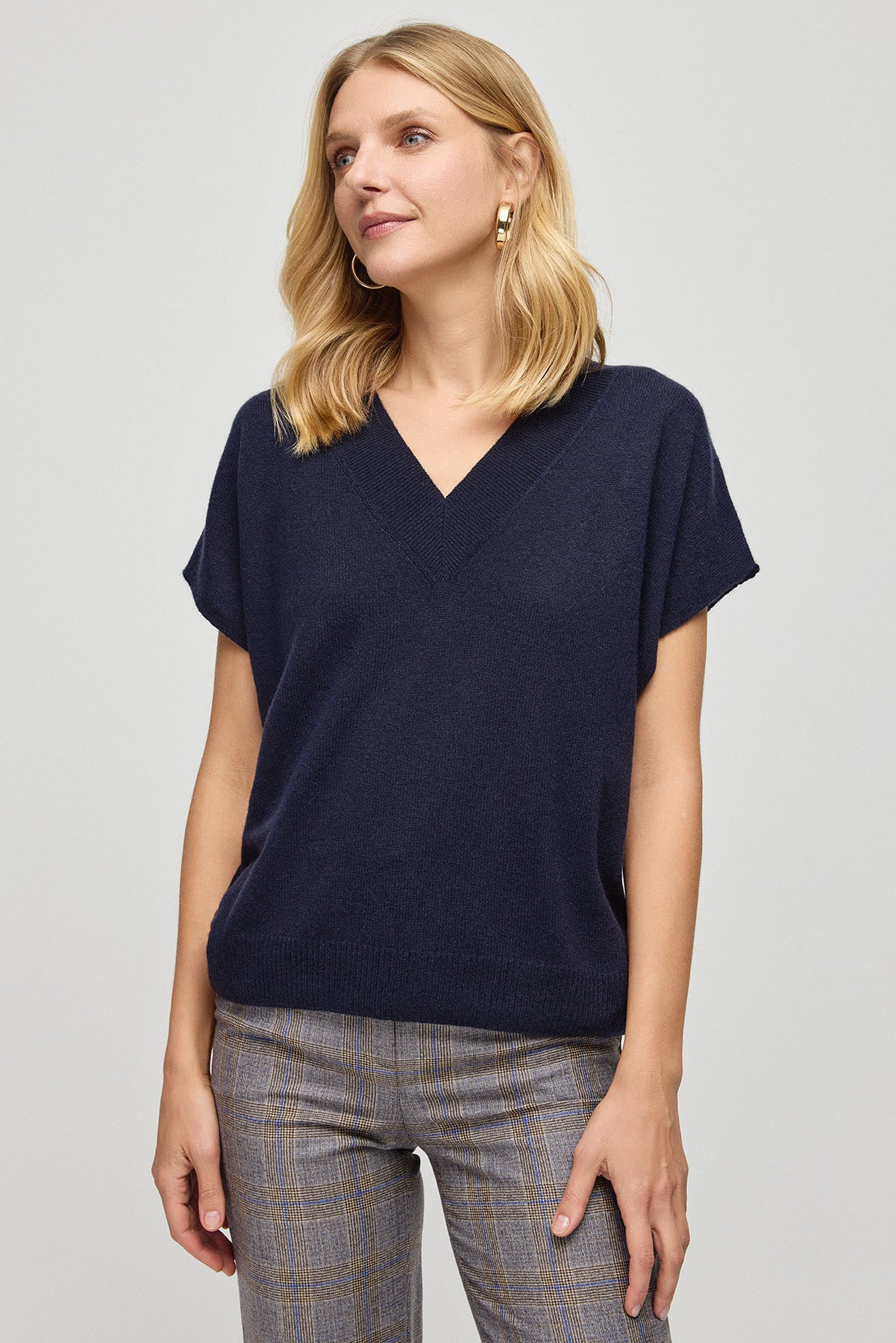 Lacivert Saf Kaşmir Kostir Derin V Yaka Rahat Kesim Kadın Triko