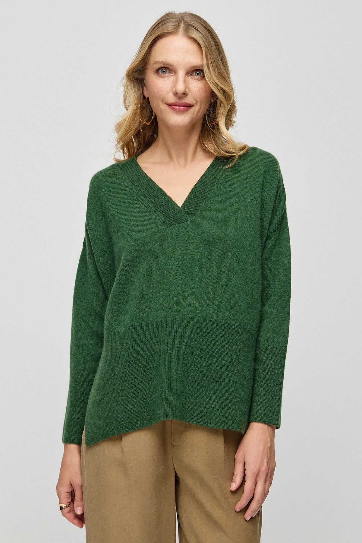 Yeşil Saf Kaşmir Isabella Derin V Yaka Kadın Kazak