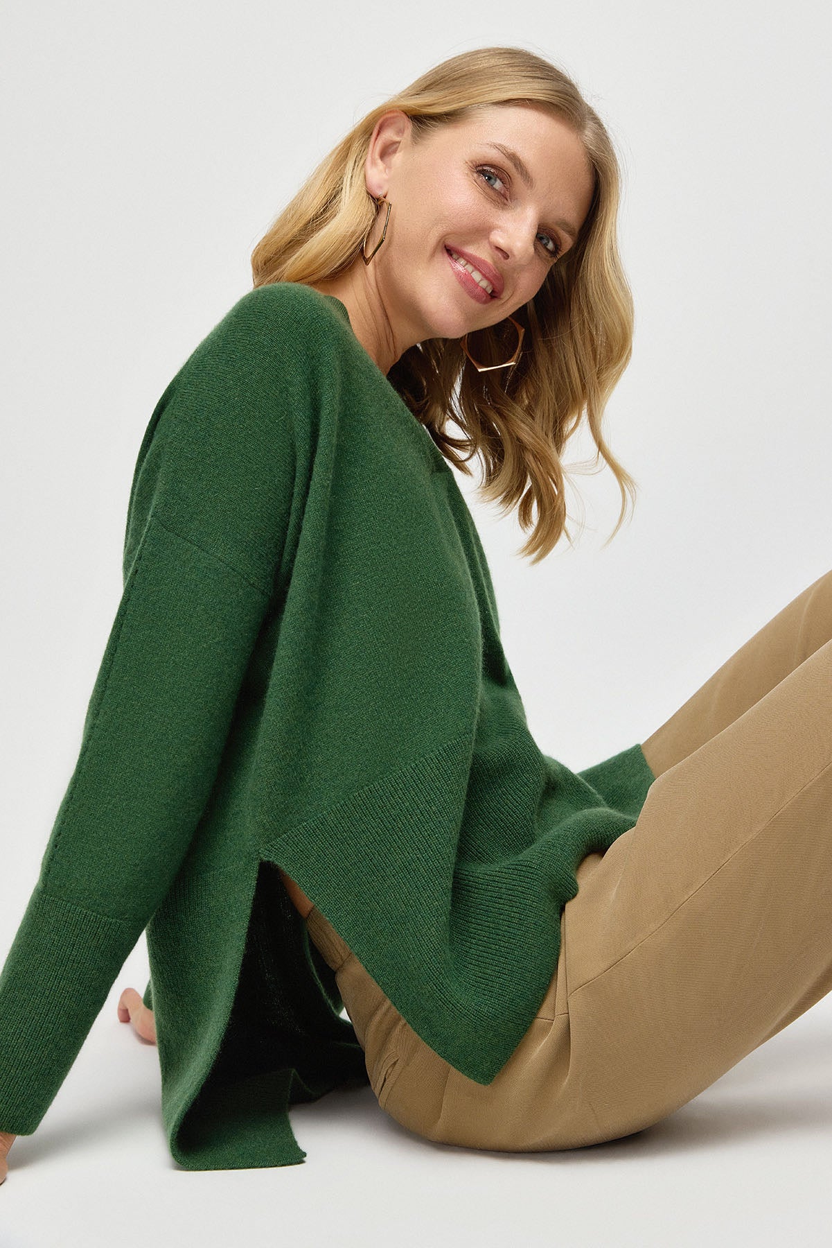 Yeşil Saf Kaşmir Isabella Derin V Yaka Kadın Kazak
