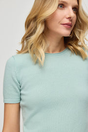 Açık Yeşil Saf Kaşmir Basic Bisiklet Yaka Kısa Kollu Kadın Triko