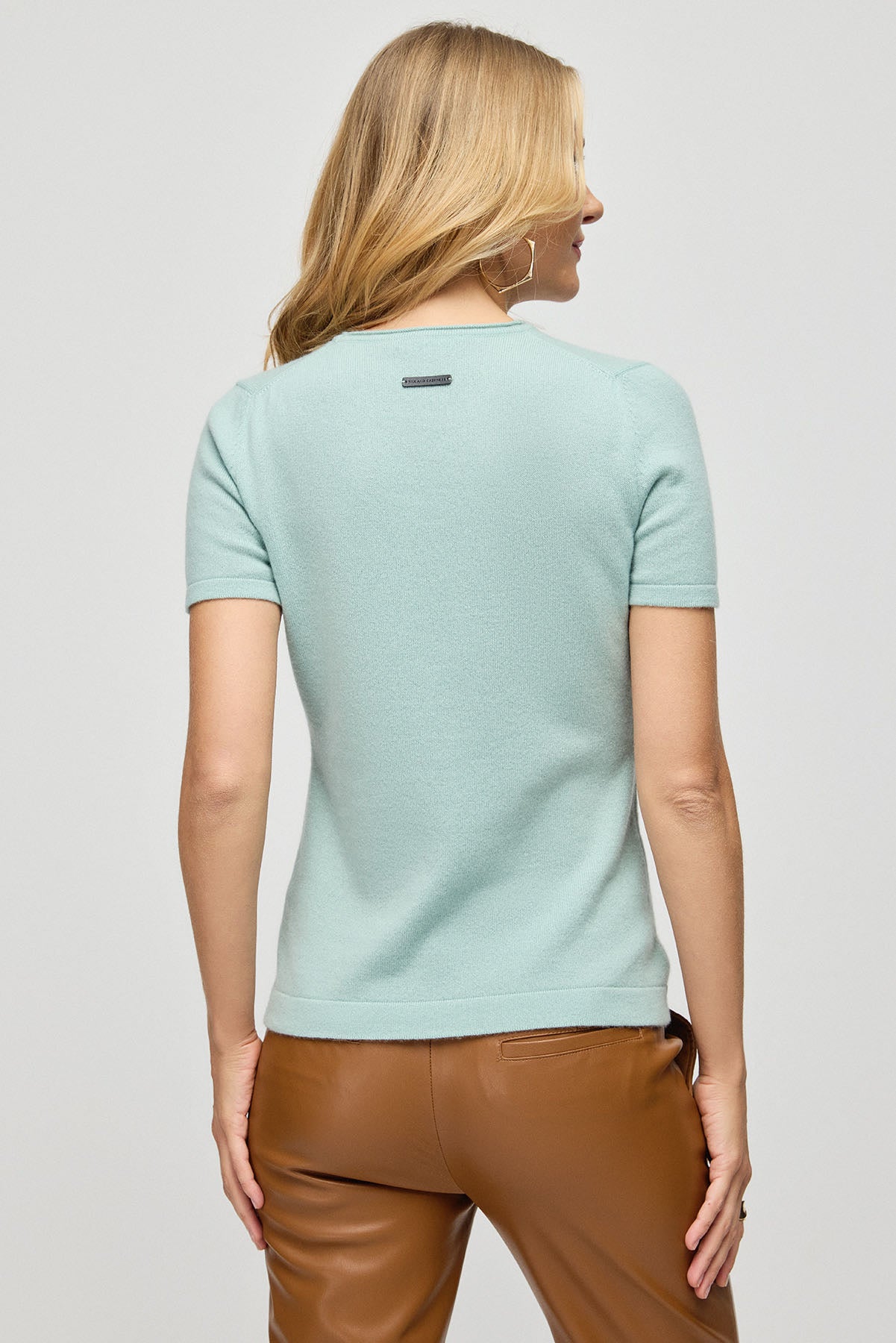 Açık Yeşil Saf Kaşmir Basic Bisiklet Yaka Kısa Kollu Kadın Triko