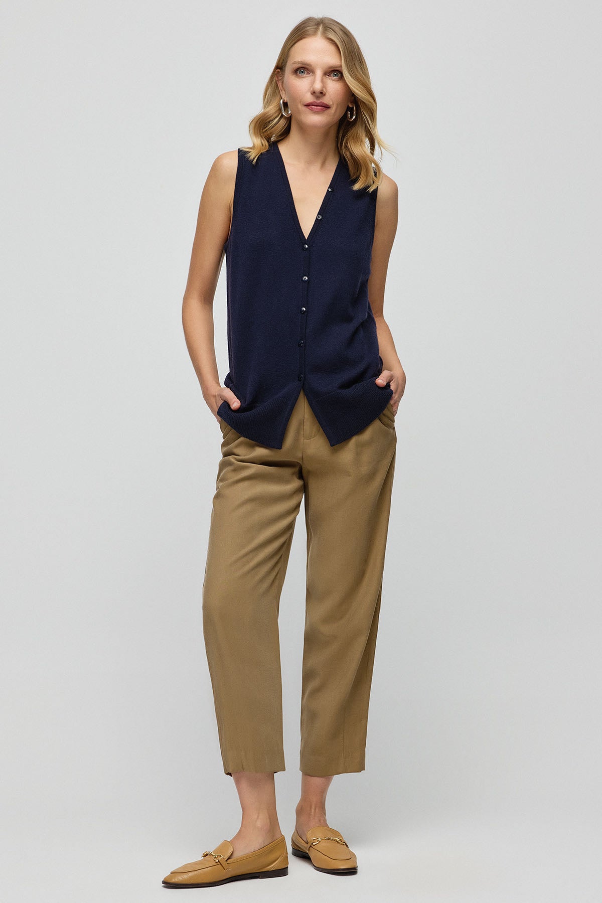 Lacivert Saf Kaşmir Kostir V Kadın Kolsuz Yelek