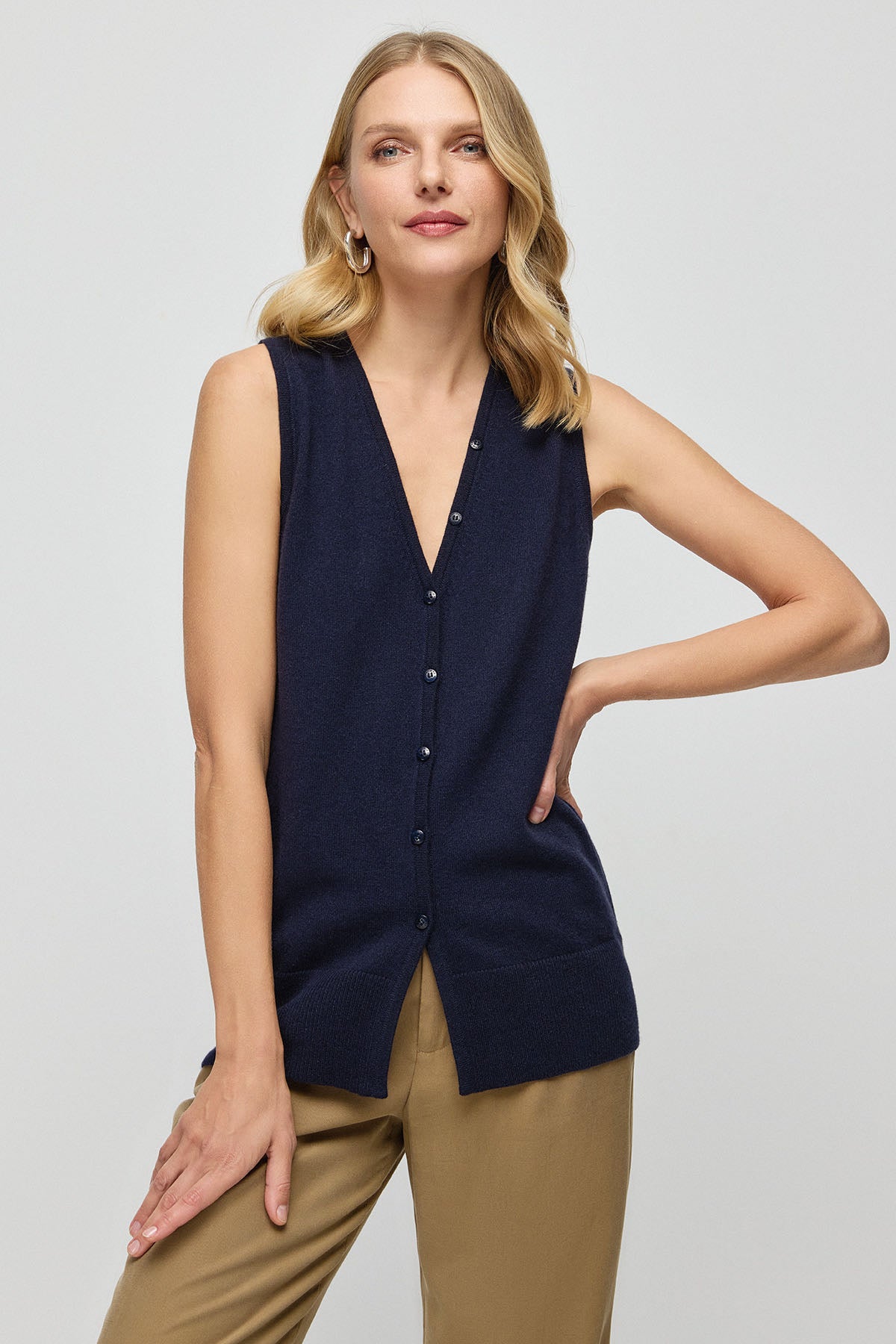 Lacivert Saf Kaşmir Kostir V Kadın Kolsuz Yelek