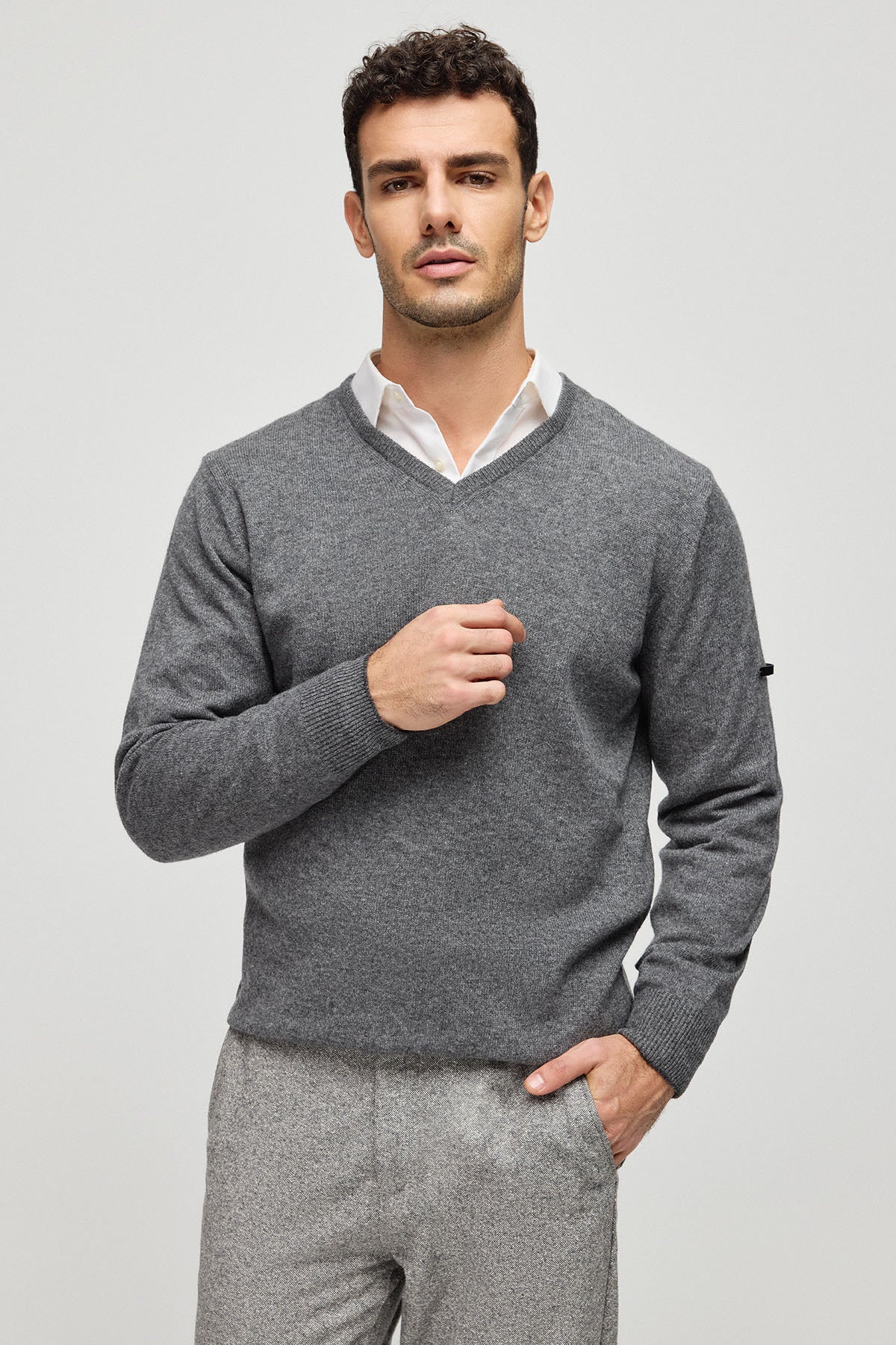 Orta Gri Melanj İtalyan Saf Kaşmir Franco V Yaka Erkek Kazak