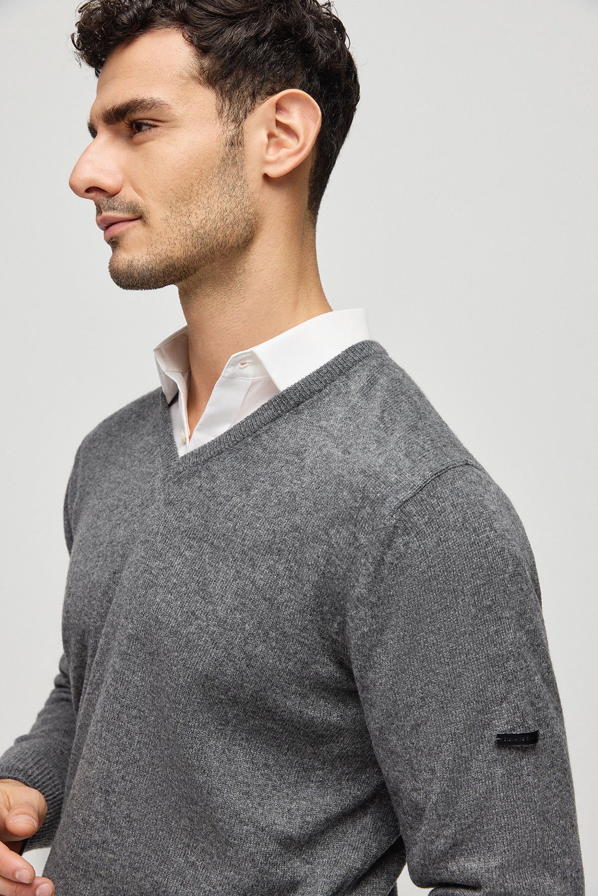 Orta Gri Melanj İtalyan Saf Kaşmir Franco V Yaka Erkek Kazak