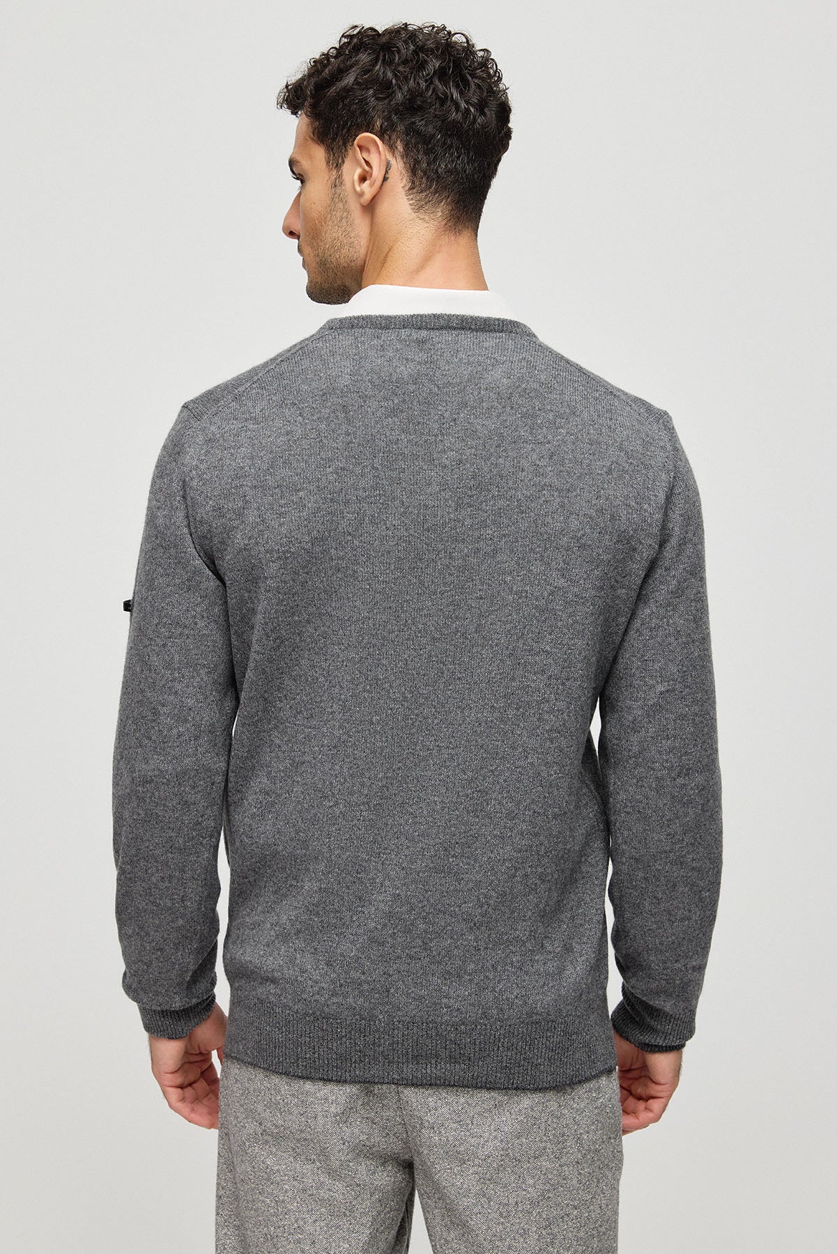 Orta Gri Melanj İtalyan Saf Kaşmir Franco V Yaka Erkek Kazak