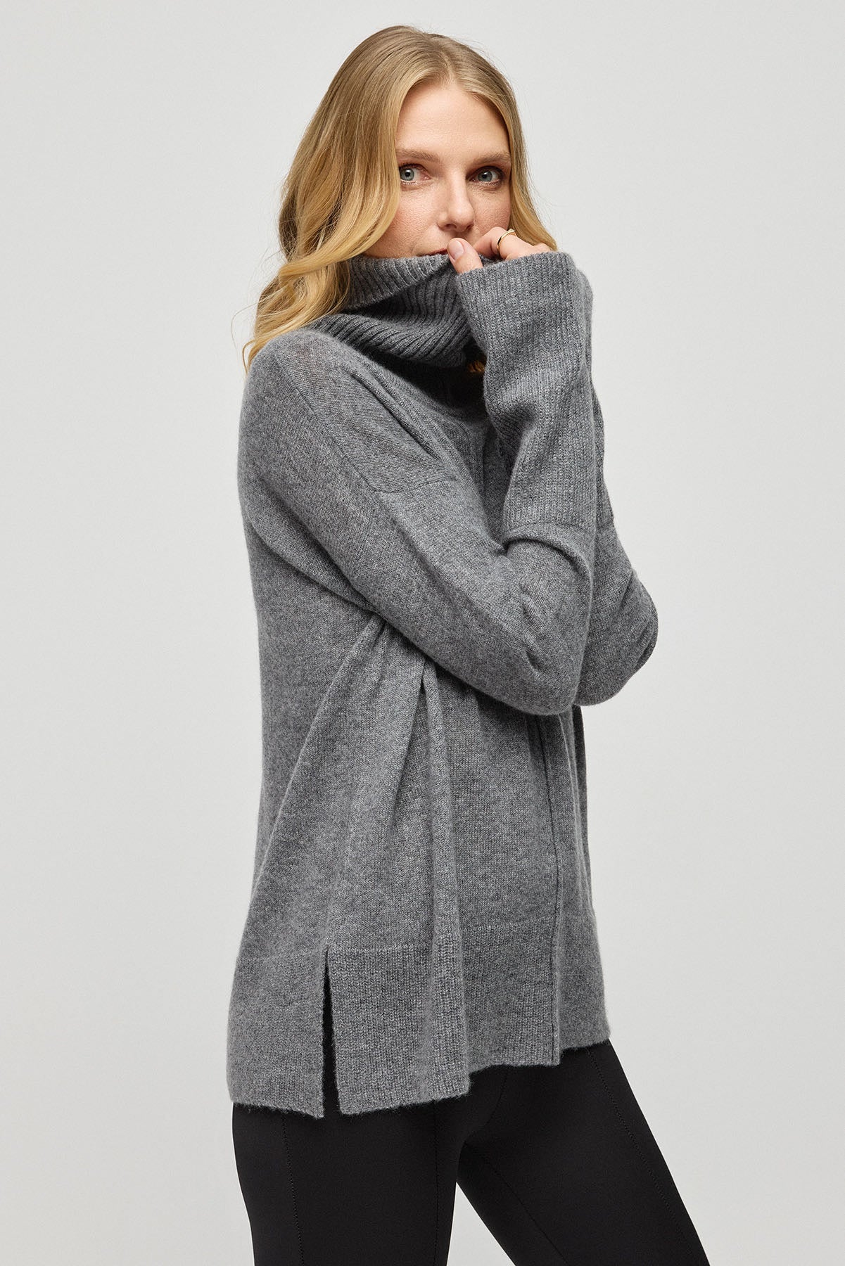 Orta Gri Melanj Saf Kaşmir Isabella Degaje Yaka Kadın Kazak