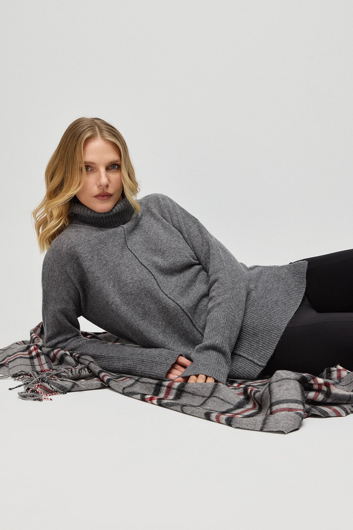 Orta Gri Melanj Saf Kaşmir Isabella Degaje Yaka Kadın Kazak