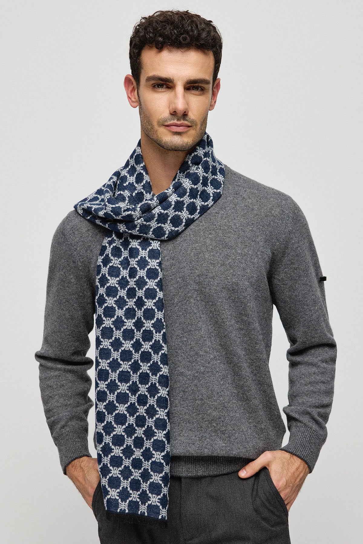 Lacivert Roma Baskılı Modal Kaşmir Atkı 30x180 cm 23WMWL-300