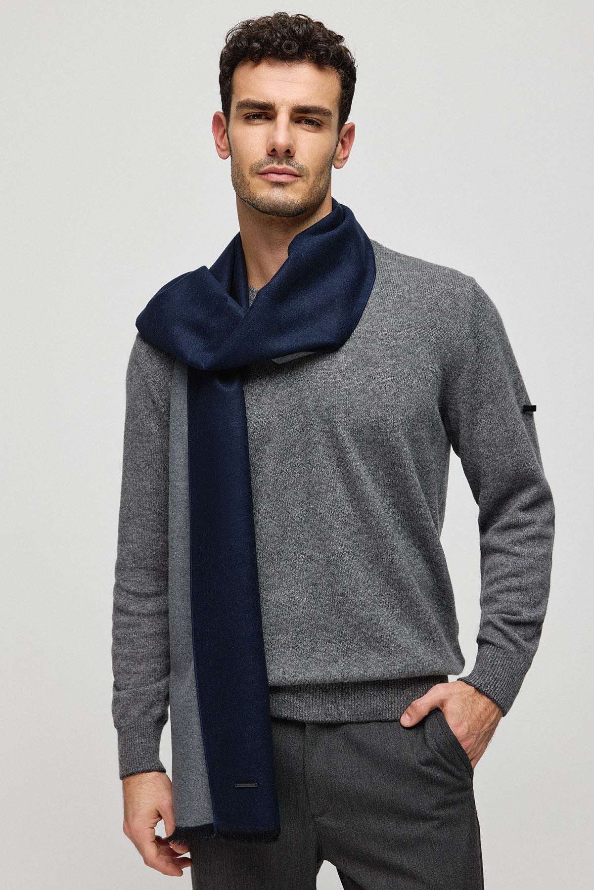 Lacivert Saf İpek Lotus Çift Renkli Atkı 30x177