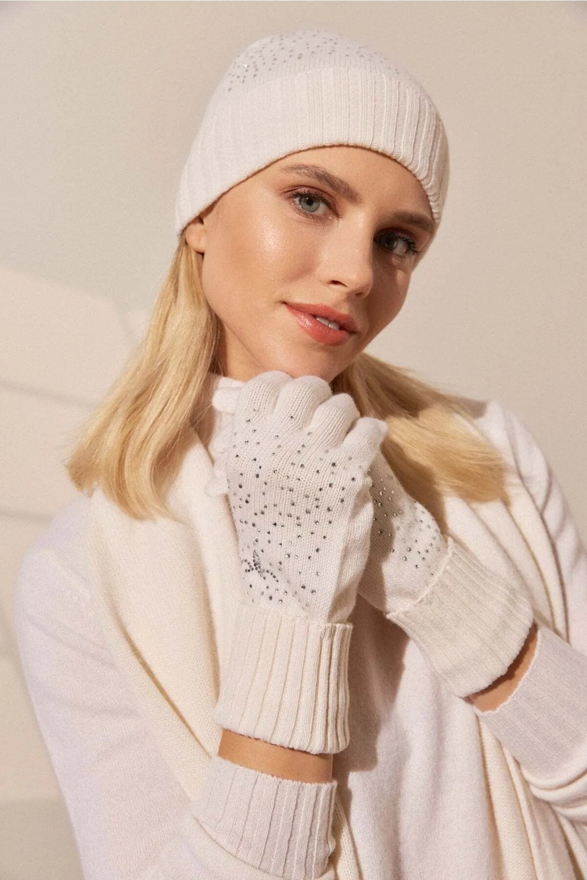 Ekru Lucia Yün Kaşmir Taş Süslü Kadın Eldiven