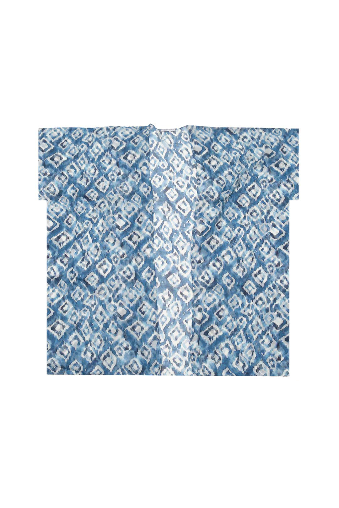 Mavi Jas İpekli Desenli Kısa Kollu Uzun Kimono Hırka