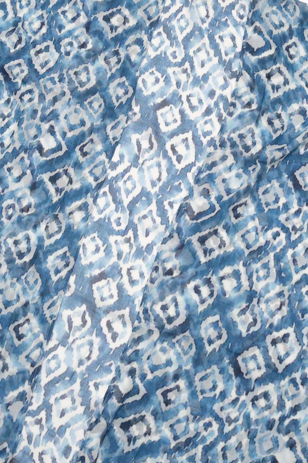 Mavi Jas İpekli Desenli Kısa Kollu Uzun Kimono Hırka