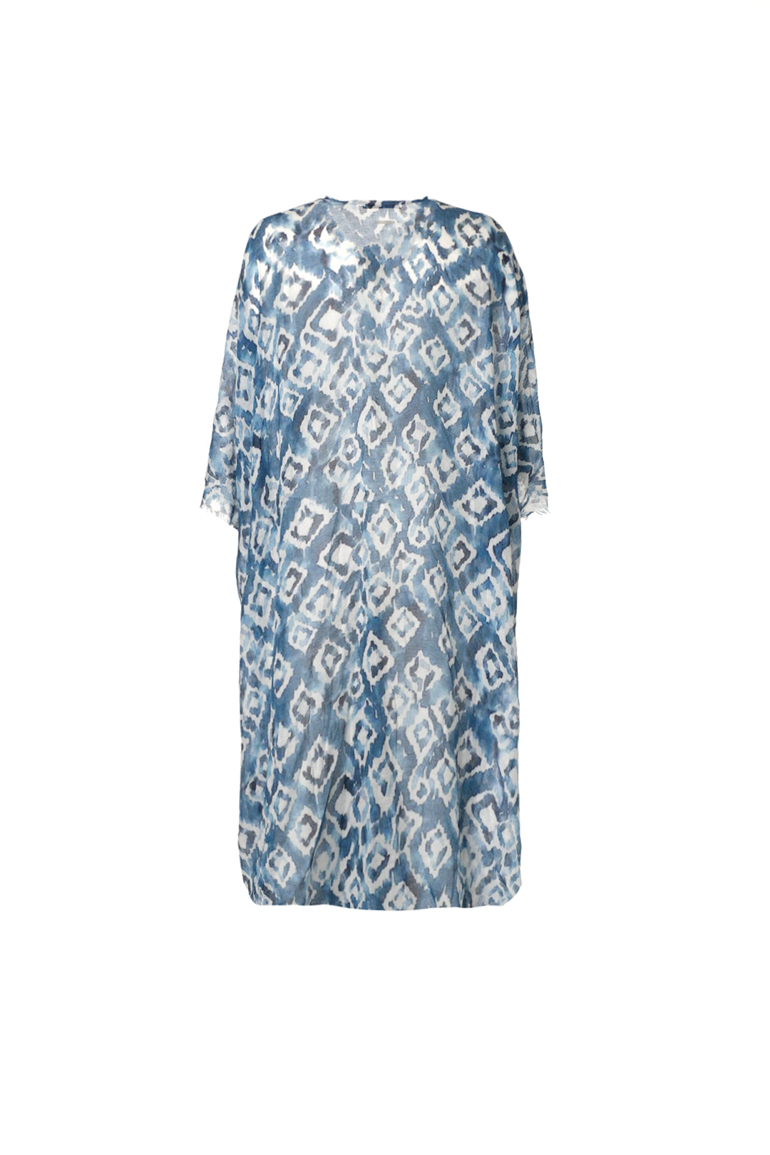 Mavi Jas İpekli Desenli Kısa Kollu Uzun Kimono Hırka