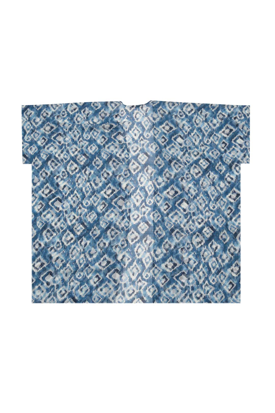 Mavi Jas İpekli Desenli Kısa Kollu Uzun Kimono Hırka