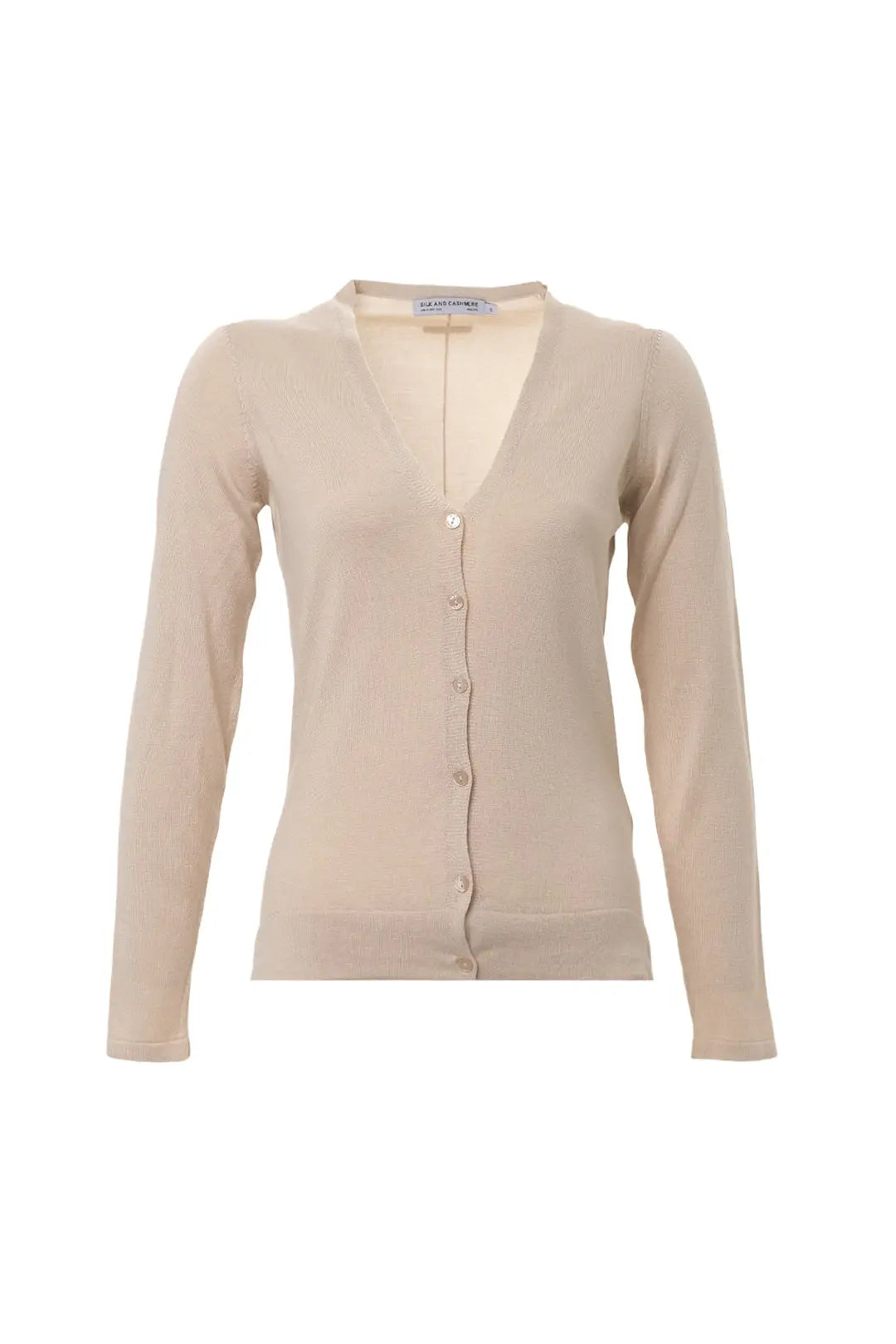 Açık Bej İpek ve Kaşmir Aleyna V Yaka Uzun Kollu Kadın Hırka Silk and Cashmere