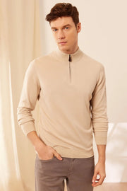 Açık Bej İpek ve Kaşmir Utku Yarım Balıkçı Yaka Fermuarlı Uzun Kollu Erkek Triko Silk and Cashmere