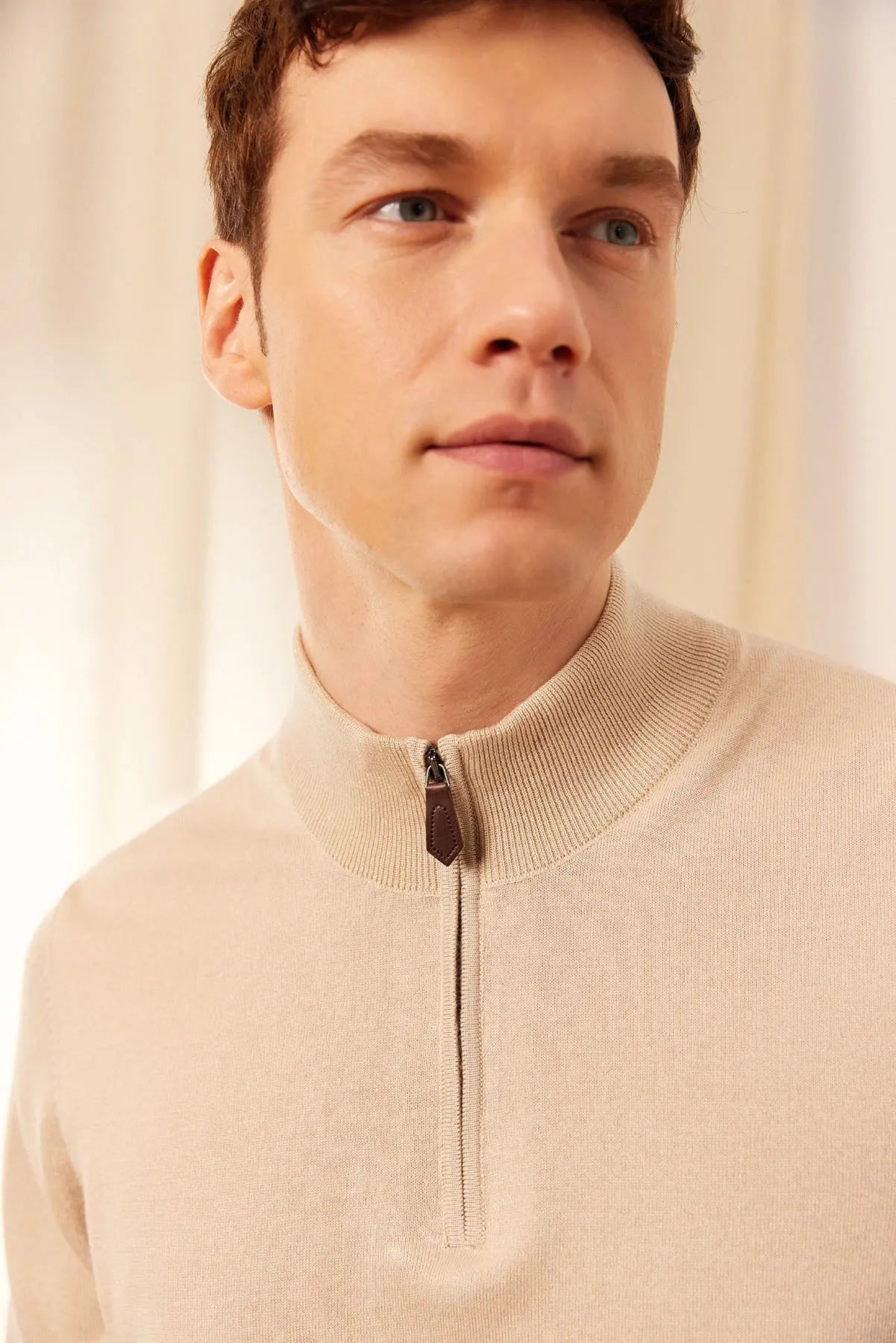 Açık Bej İpek ve Kaşmir Utku Yarım Balıkçı Yaka Fermuarlı Uzun Kollu Erkek Triko Silk and Cashmere