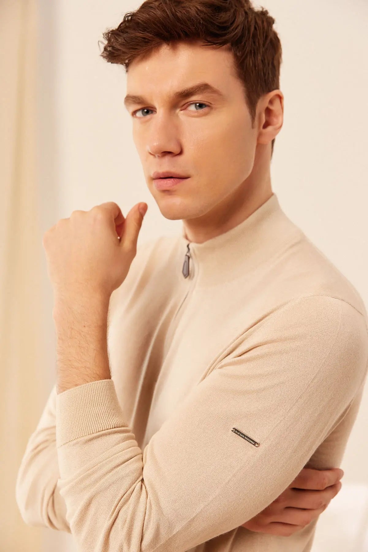 Açık Bej İpek ve Kaşmir Utku Yarım Balıkçı Yaka Fermuarlı Uzun Kollu Erkek Triko Silk and Cashmere