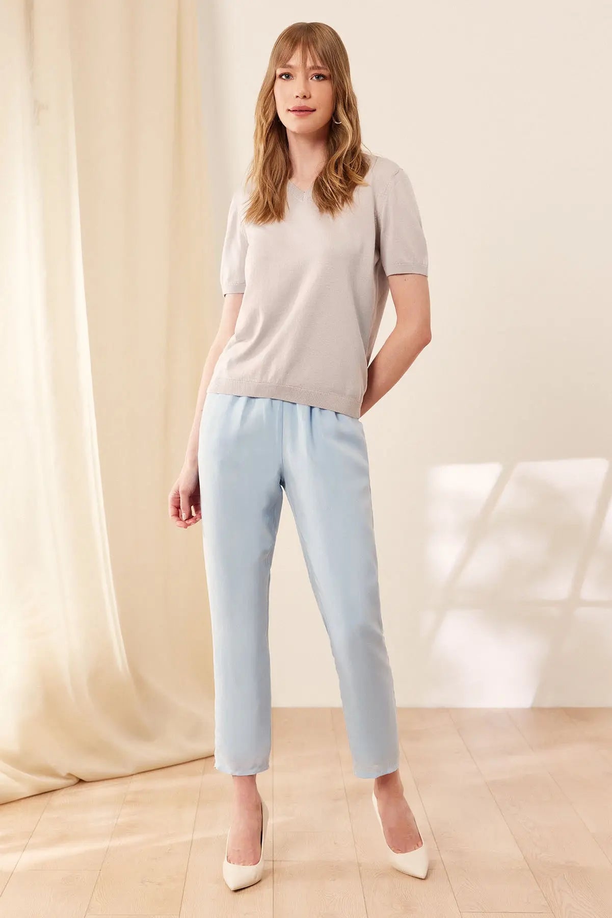 Açık Gri Clementine V Yaka Kısa Kollu Triko Silk and Cashmere