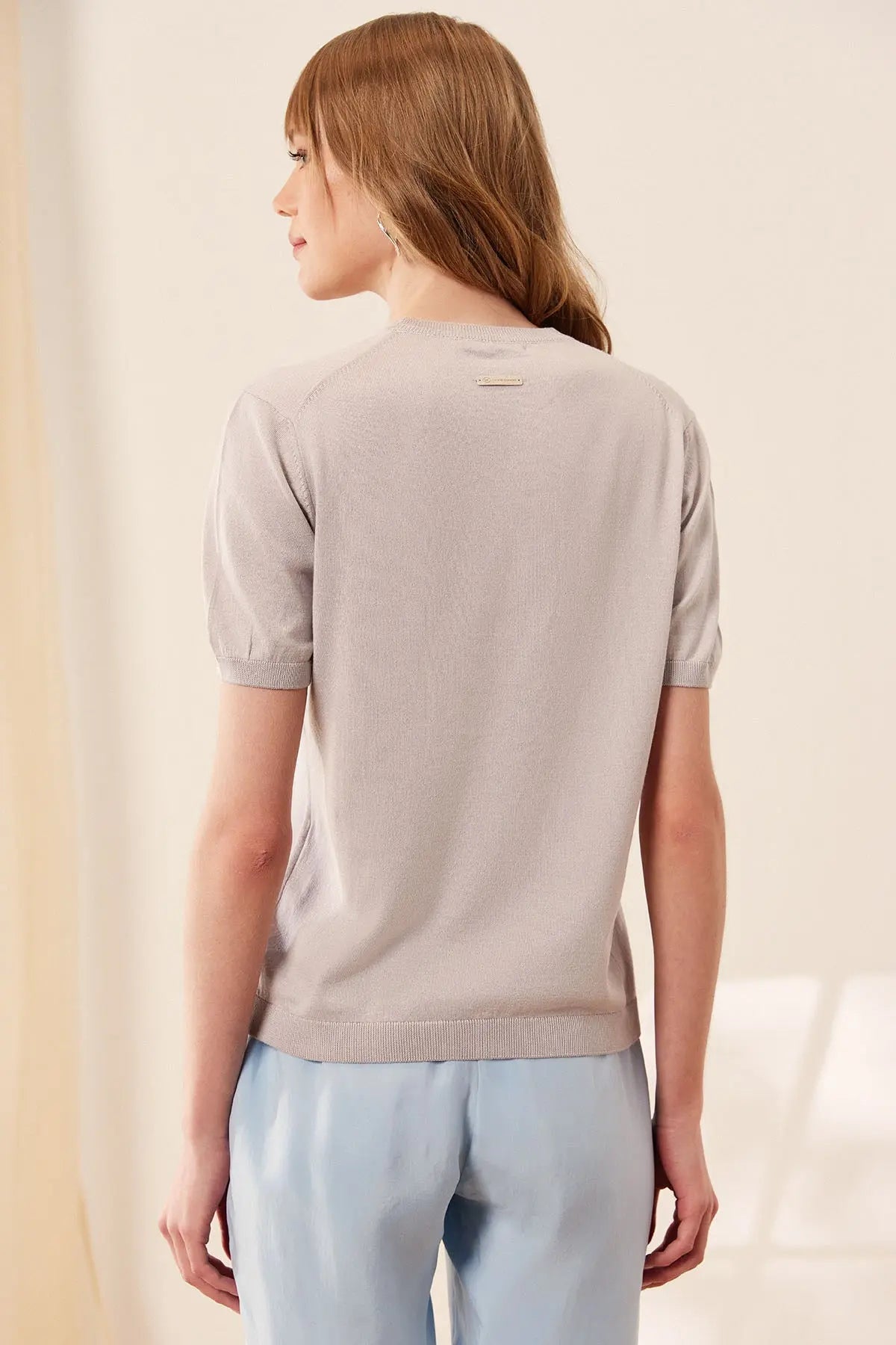 Açık Gri Clementine V Yaka Kısa Kollu Triko Silk and Cashmere