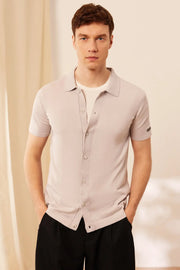 Açık Gri İpek Pamuk Kısa Kollu Quentin Erkek Triko Gömlek Silk and Cashmere