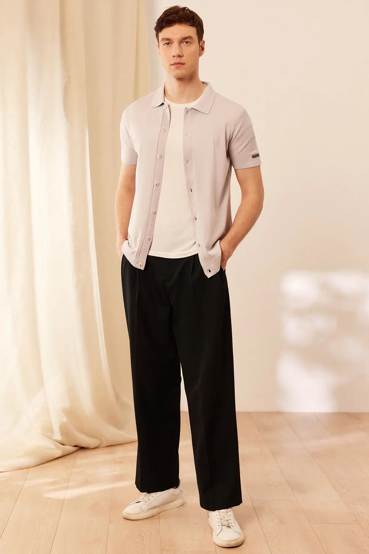 Açık Gri İpek Pamuk Kısa Kollu Quentin Erkek Triko Gömlek Silk and Cashmere