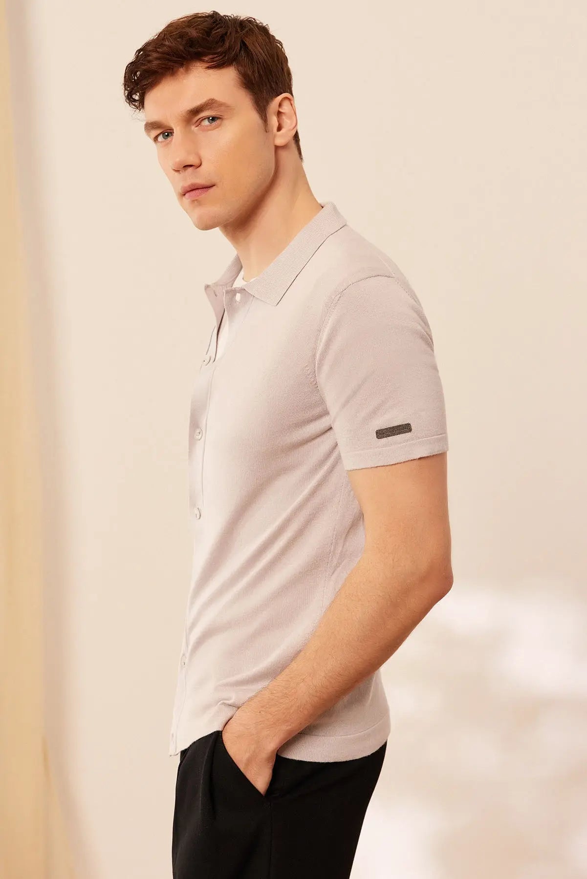 Açık Gri İpek Pamuk Kısa Kollu Quentin Erkek Triko Gömlek Silk and Cashmere