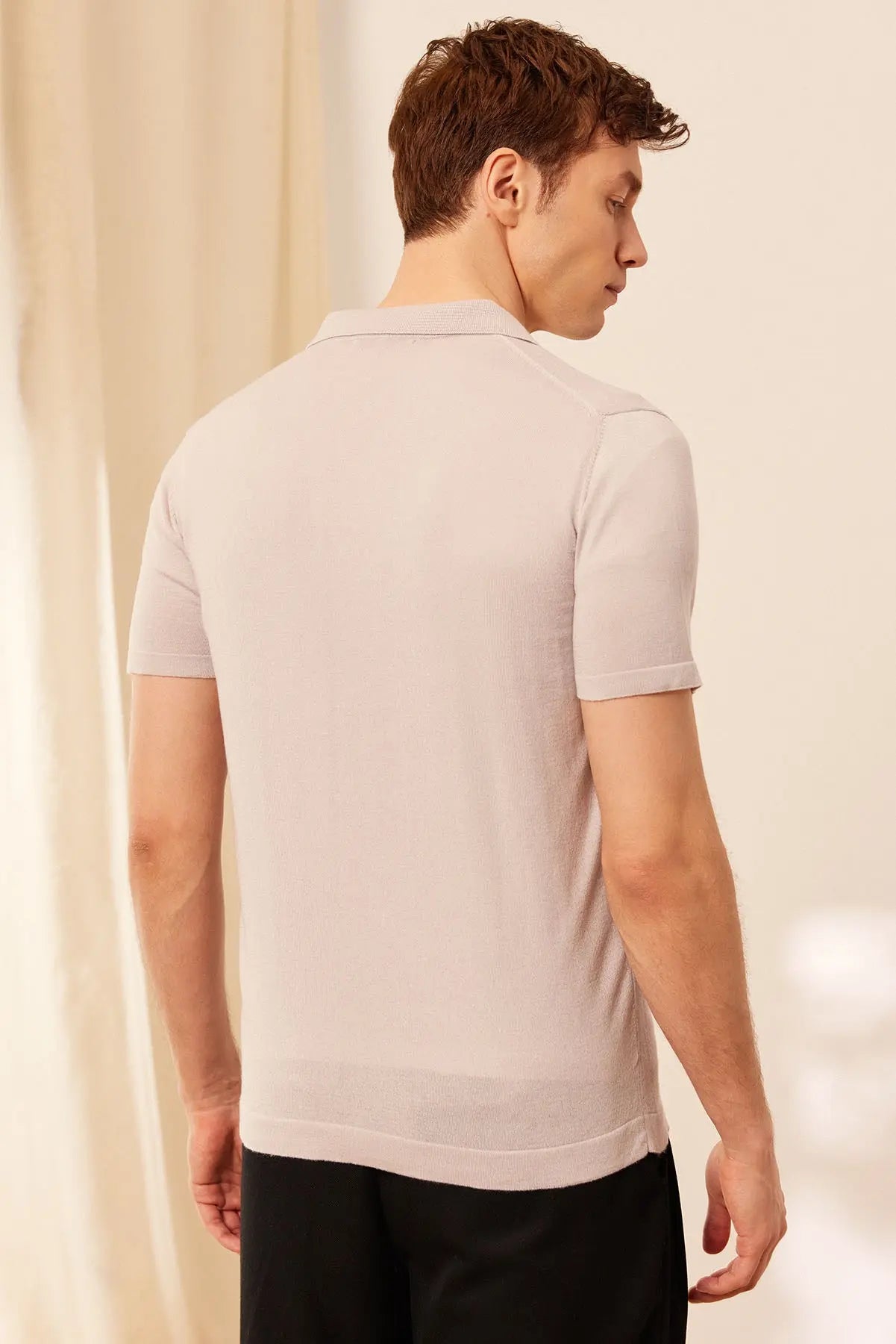 Açık Gri İpek Pamuk Kısa Kollu Quentin Erkek Triko Gömlek Silk and Cashmere