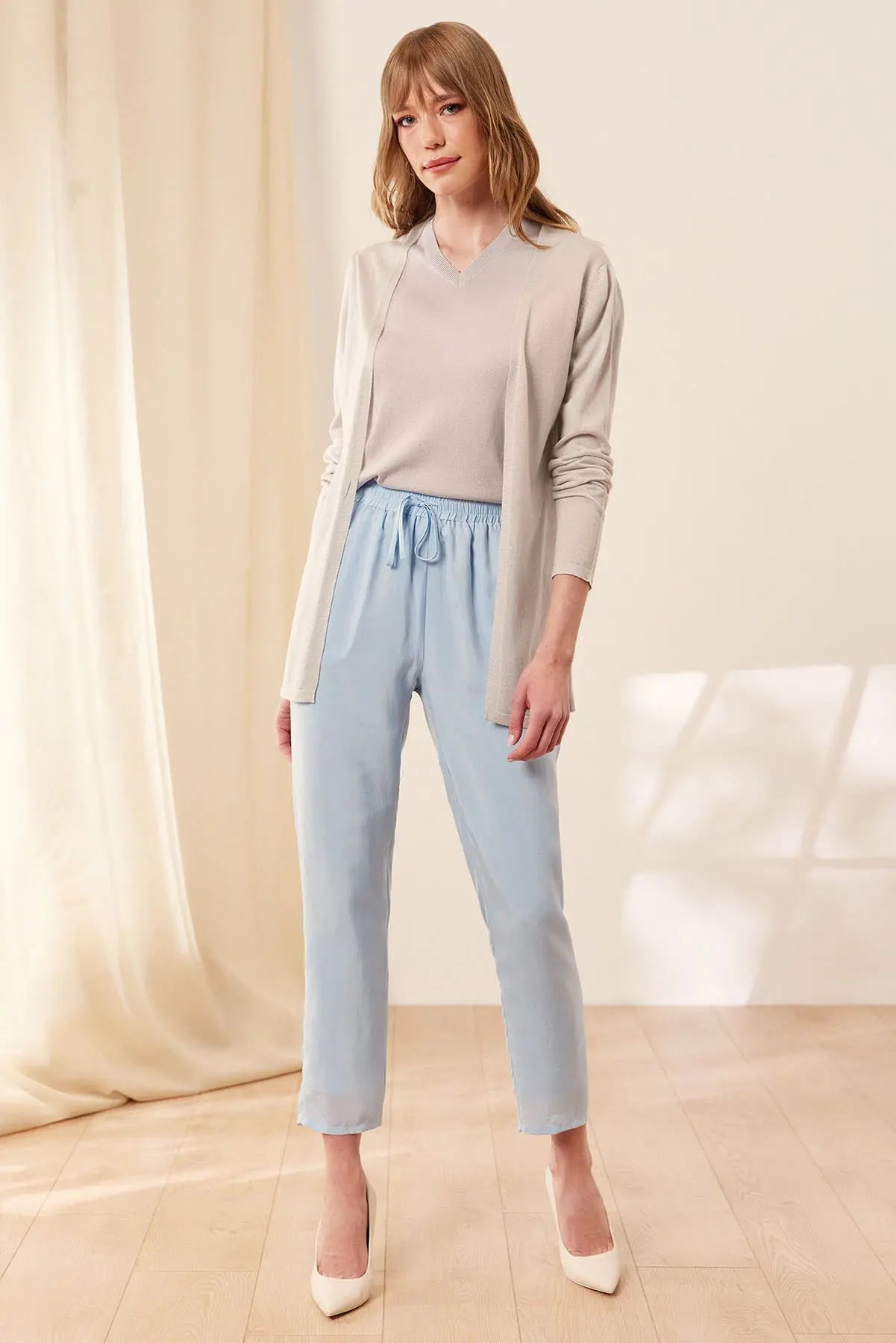 Açık Gri İpek Pamuk Melinda Düğmesiz Rahat Kesim Uzun Kollu Yazlık Hırka Silk and Cashmere