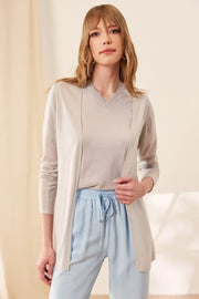 Açık Gri İpek Pamuk Melinda Düğmesiz Rahat Kesim Uzun Kollu Yazlık Hırka Silk and Cashmere