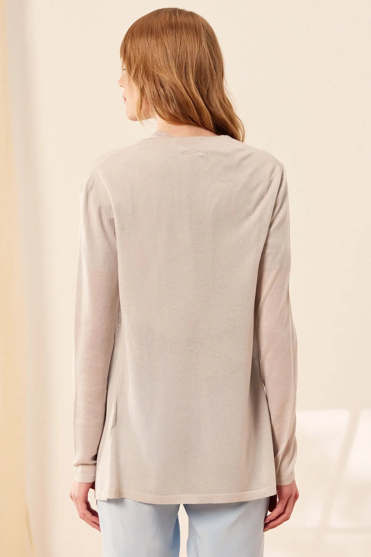 Açık Gri İpek Pamuk Melinda Düğmesiz Rahat Kesim Uzun Kollu Yazlık Hırka Silk and Cashmere