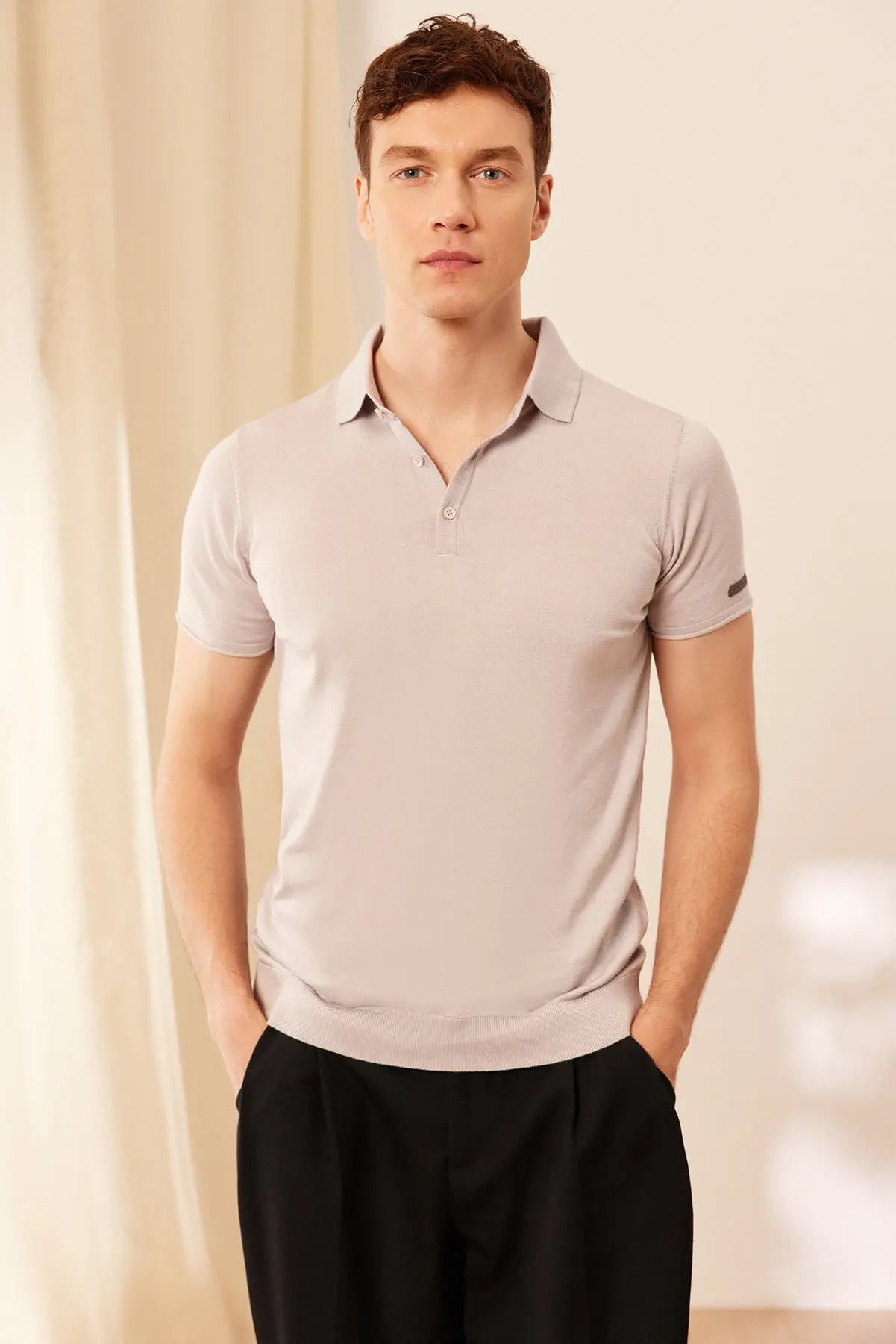 Açık Gri İpek Pamuk Polo Yaka Kısa Kollu Quentin Erkek Triko Tişört Silk and Cashmere